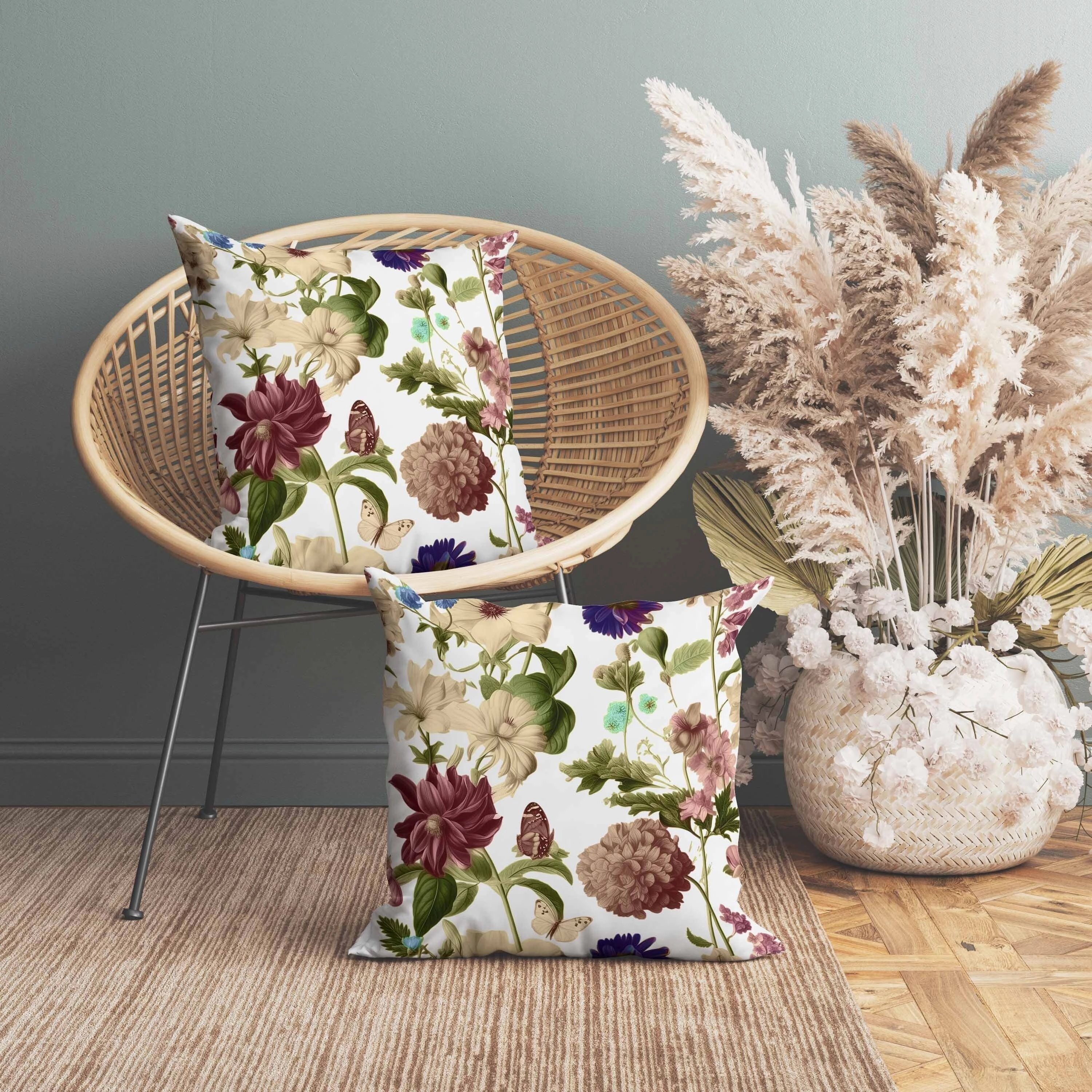 Mixed Flower Delight Indoor/Outdoor Reversible Throw Pillow White and Pink