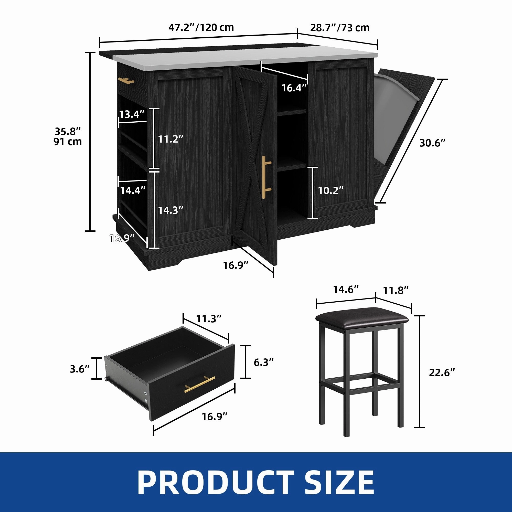 Moasis Rolling Kitchen Island with Trash Can Storage Cabinet and 2 Bar Stools