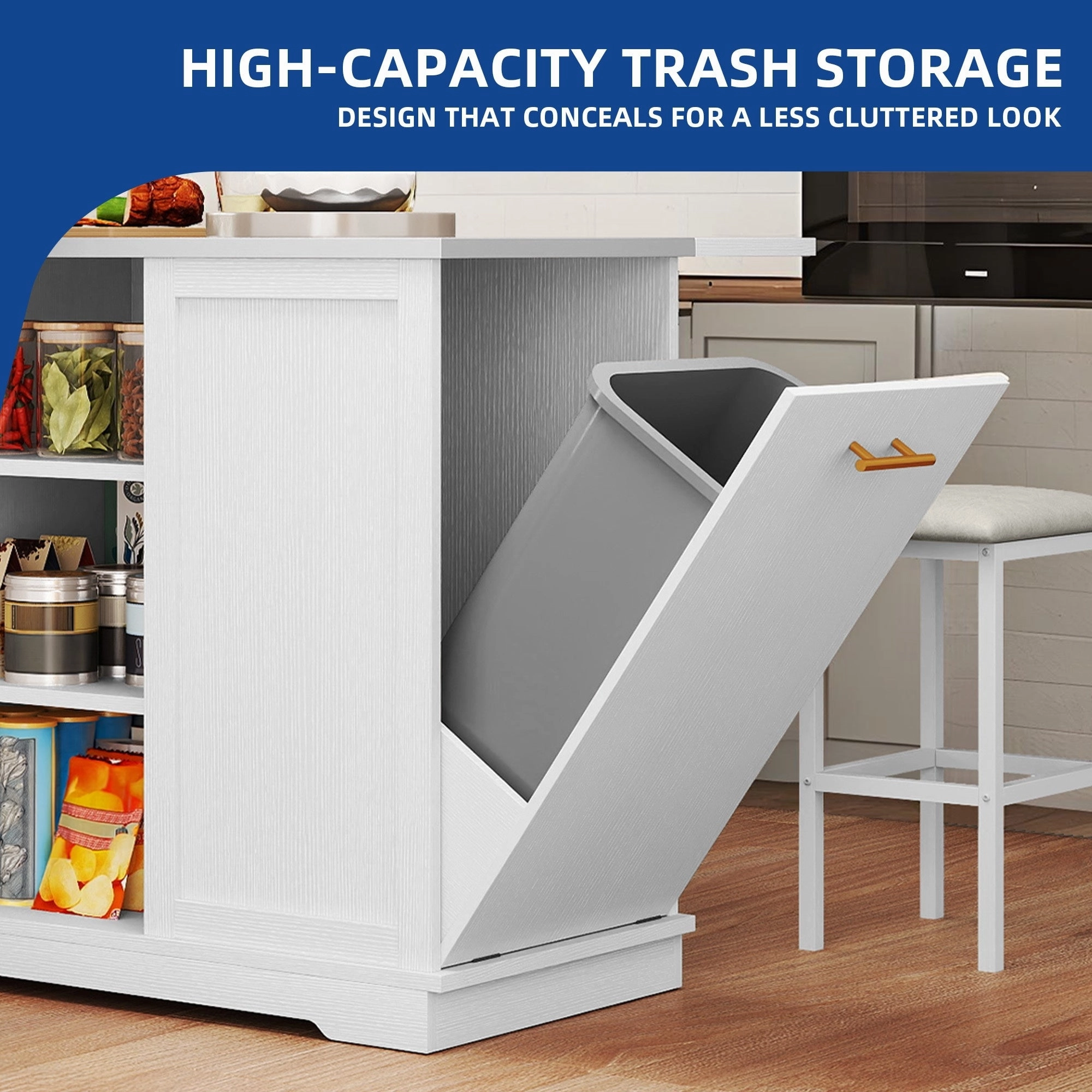 Moasis Rolling Kitchen Island with Trash Can Storage Cabinet and 2 Bar Stools