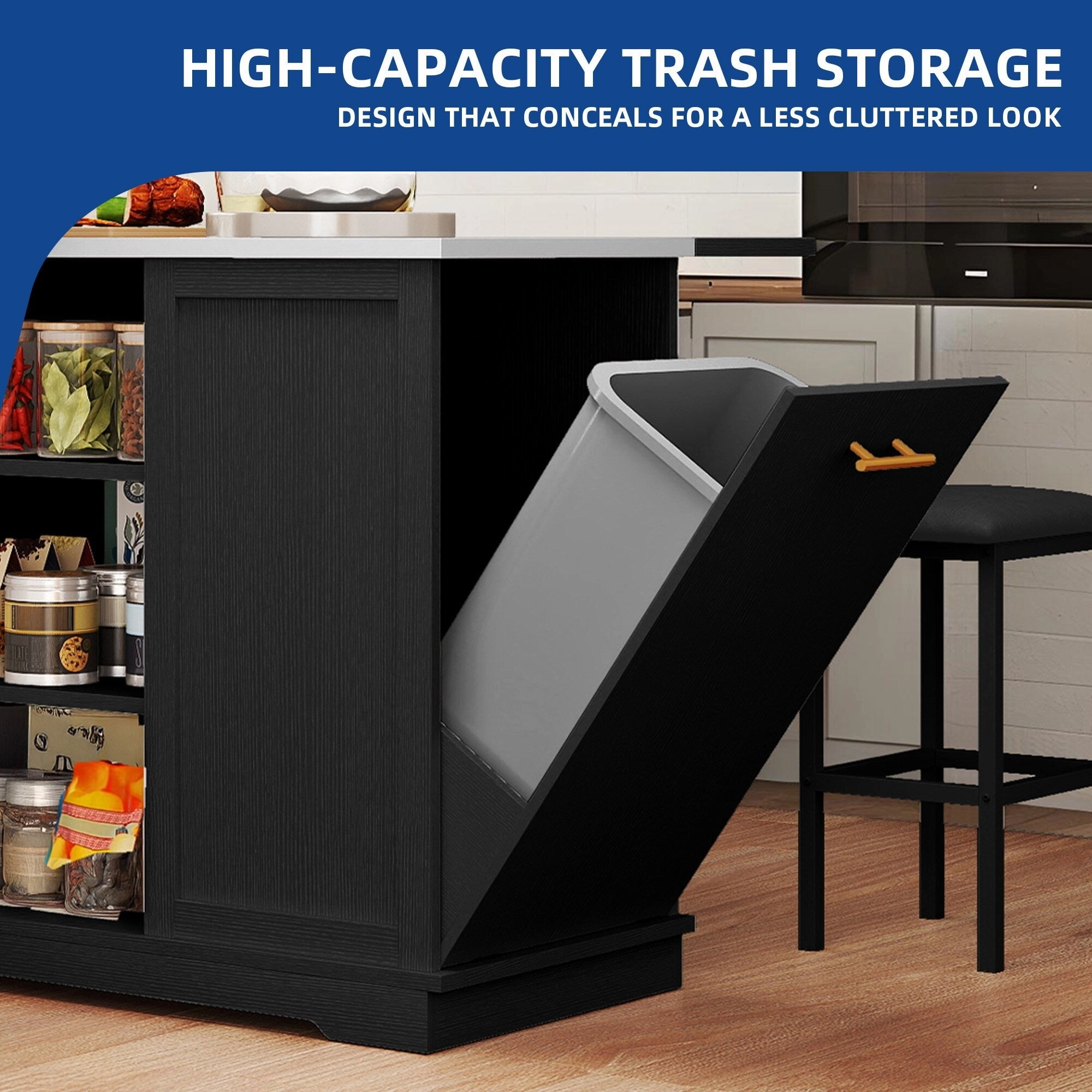 Moasis Rolling Kitchen Island with Trash Can Storage Cabinet and 2 Bar Stools