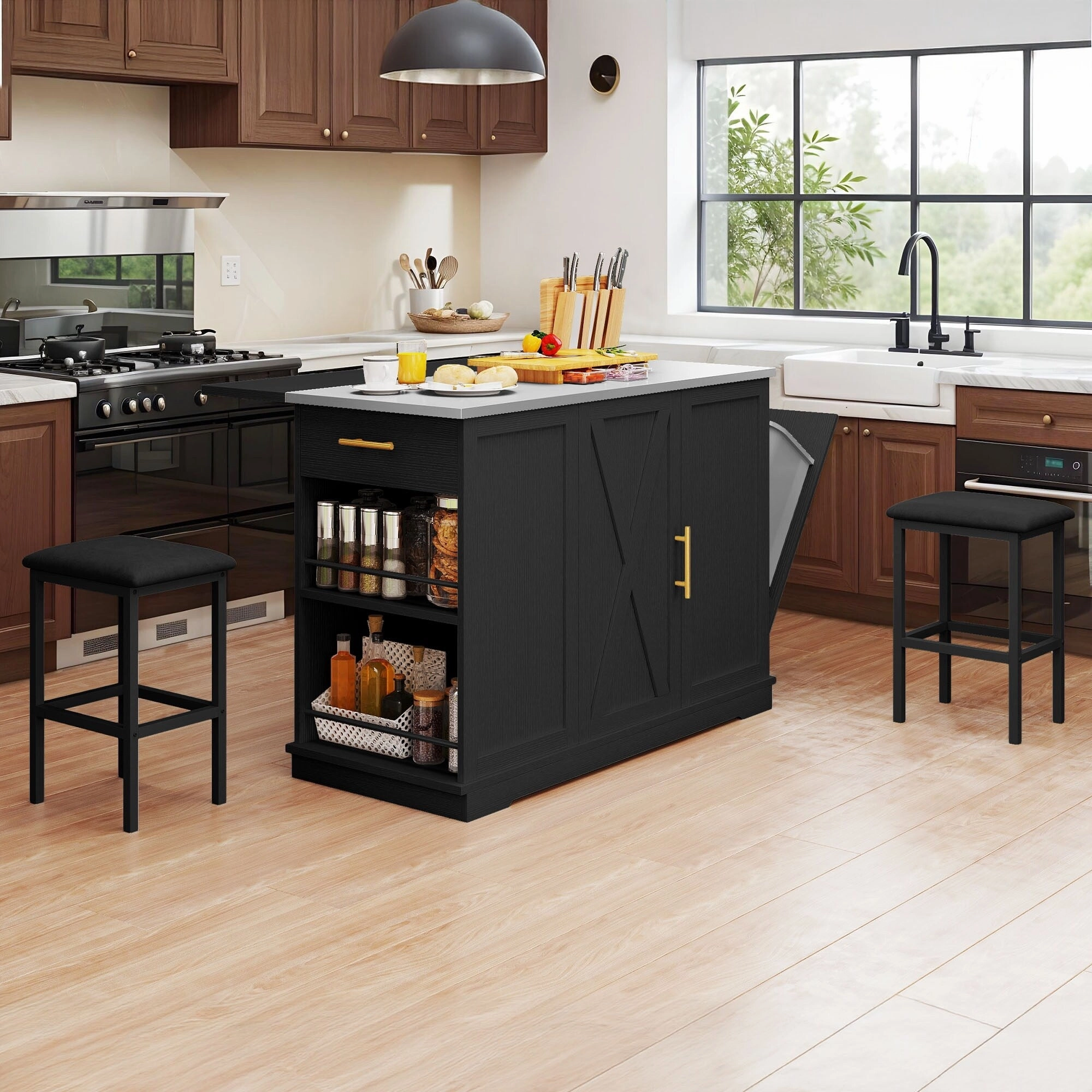 Moasis Rolling Kitchen Island with Trash Can Storage Cabinet and 2 Bar Stools