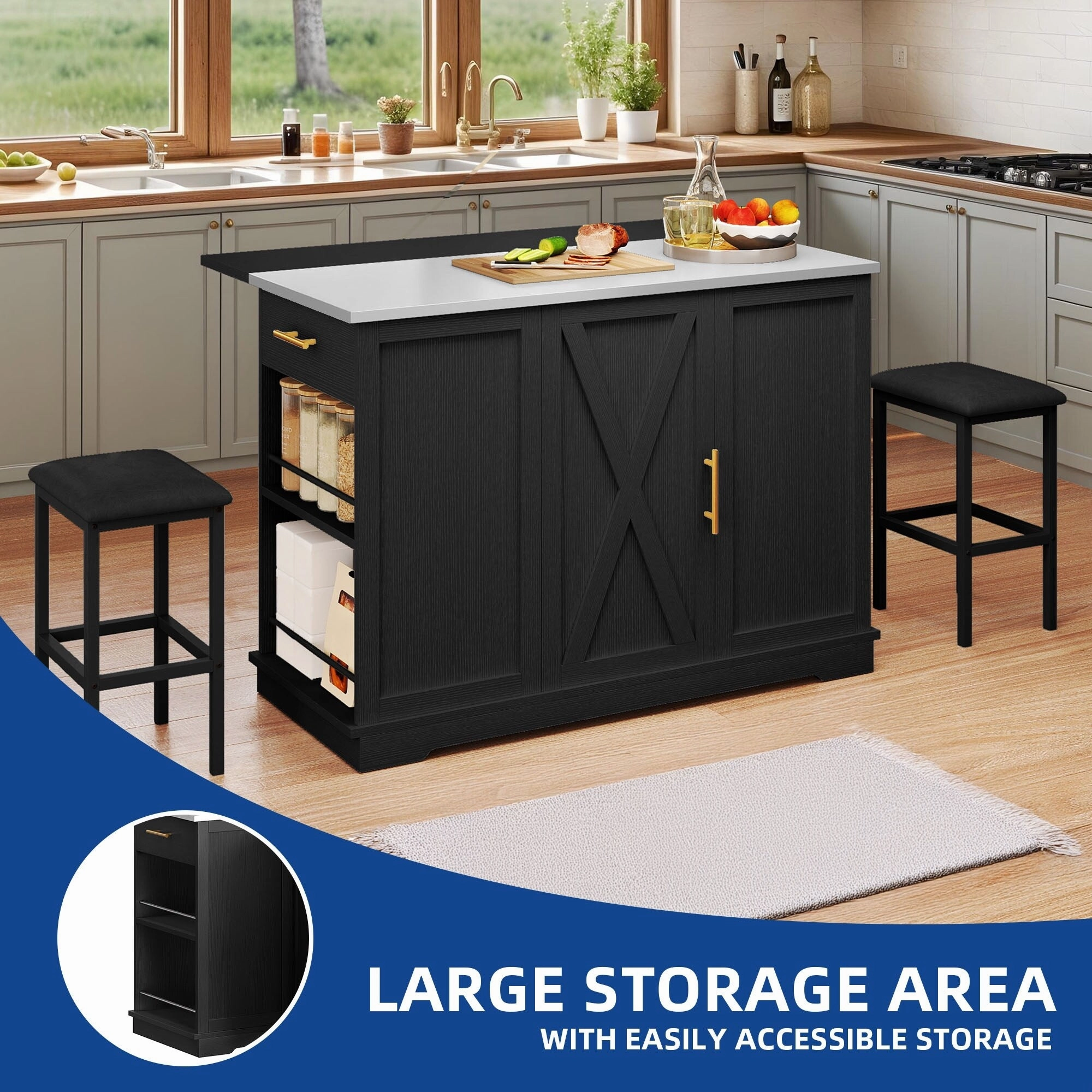 Moasis Rolling Kitchen Island with Trash Can Storage Cabinet and 2 Bar Stools