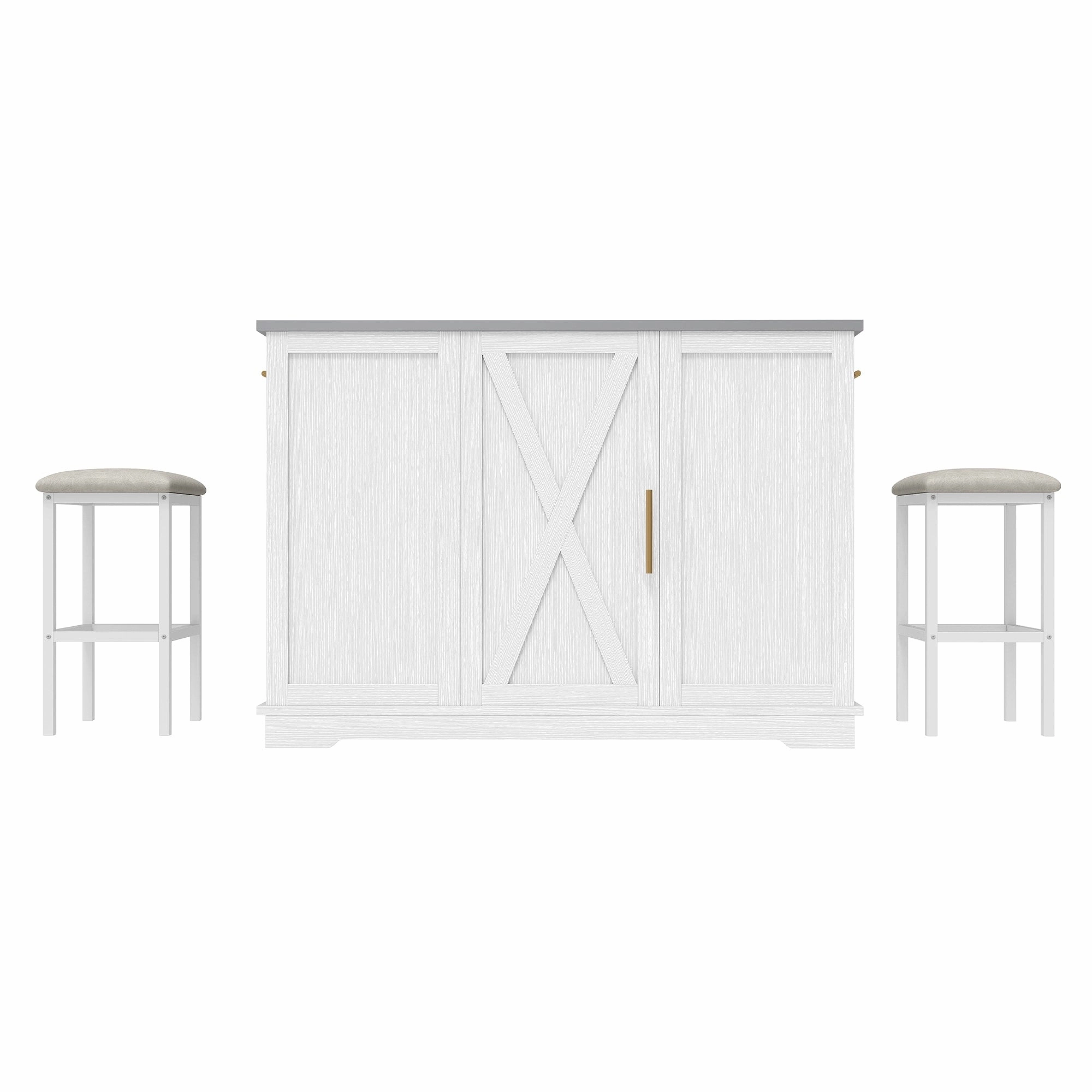 Moasis Rolling Kitchen Island with Trash Can Storage Cabinet and 2 Bar Stools