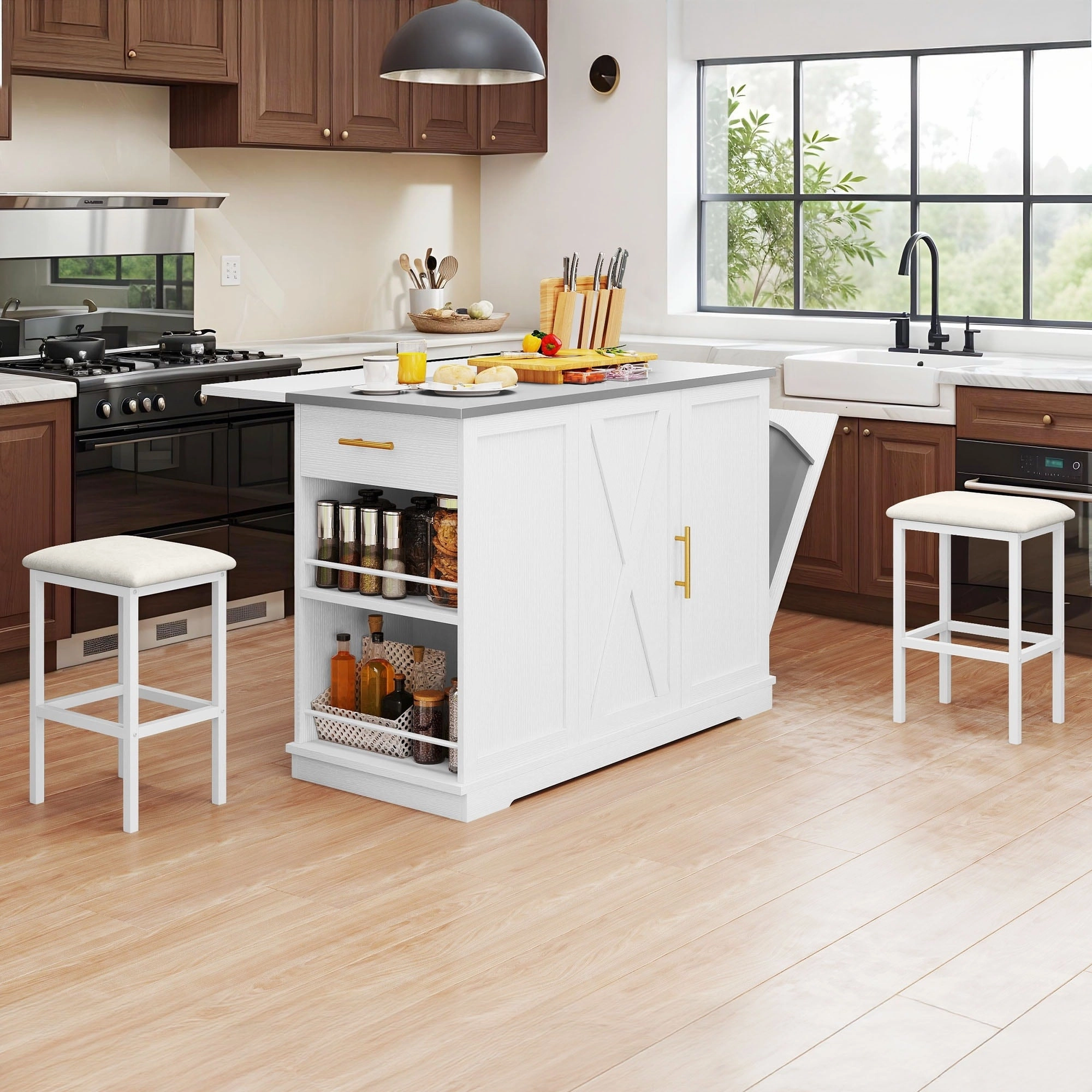 Moasis Rolling Kitchen Island with Trash Can Storage Cabinet and 2 Bar Stools