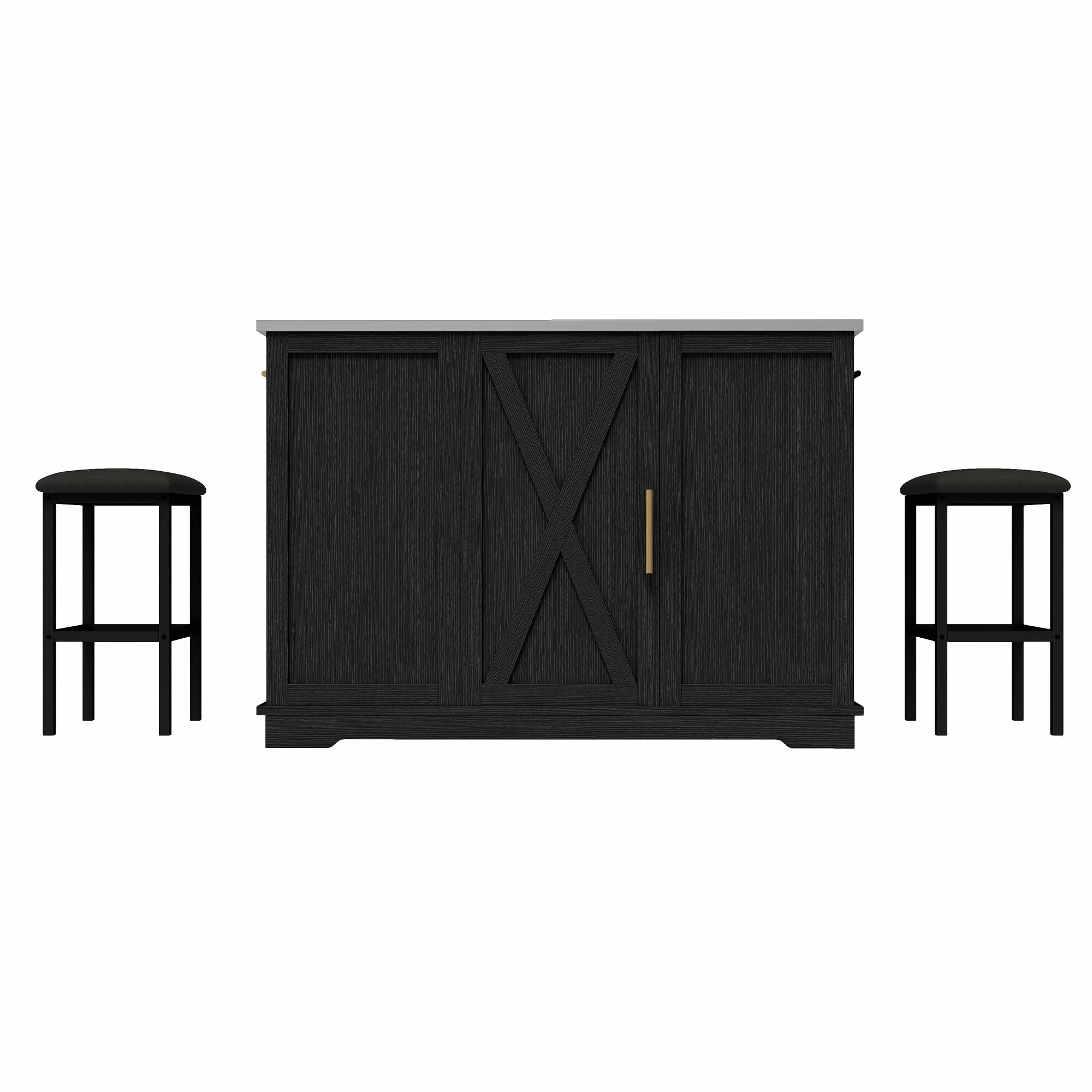 Moasis Rolling Kitchen Island with Trash Can Storage Cabinet and 2 Bar Stools