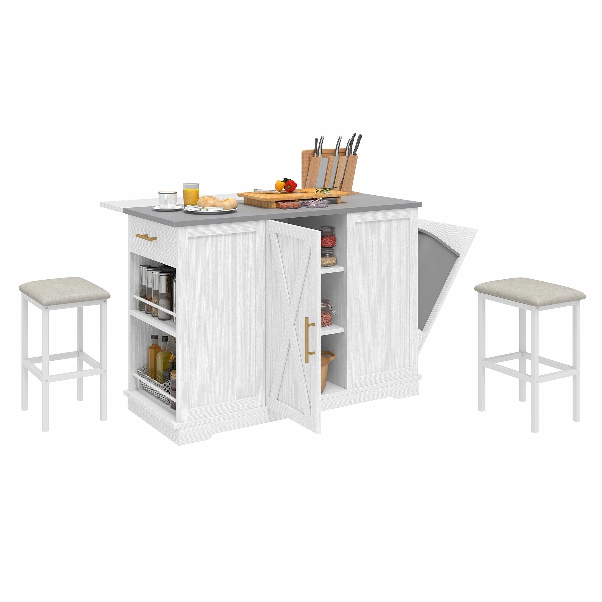 Moasis Rolling Kitchen Island with Trash Can Storage Cabinet and 2 Bar Stools