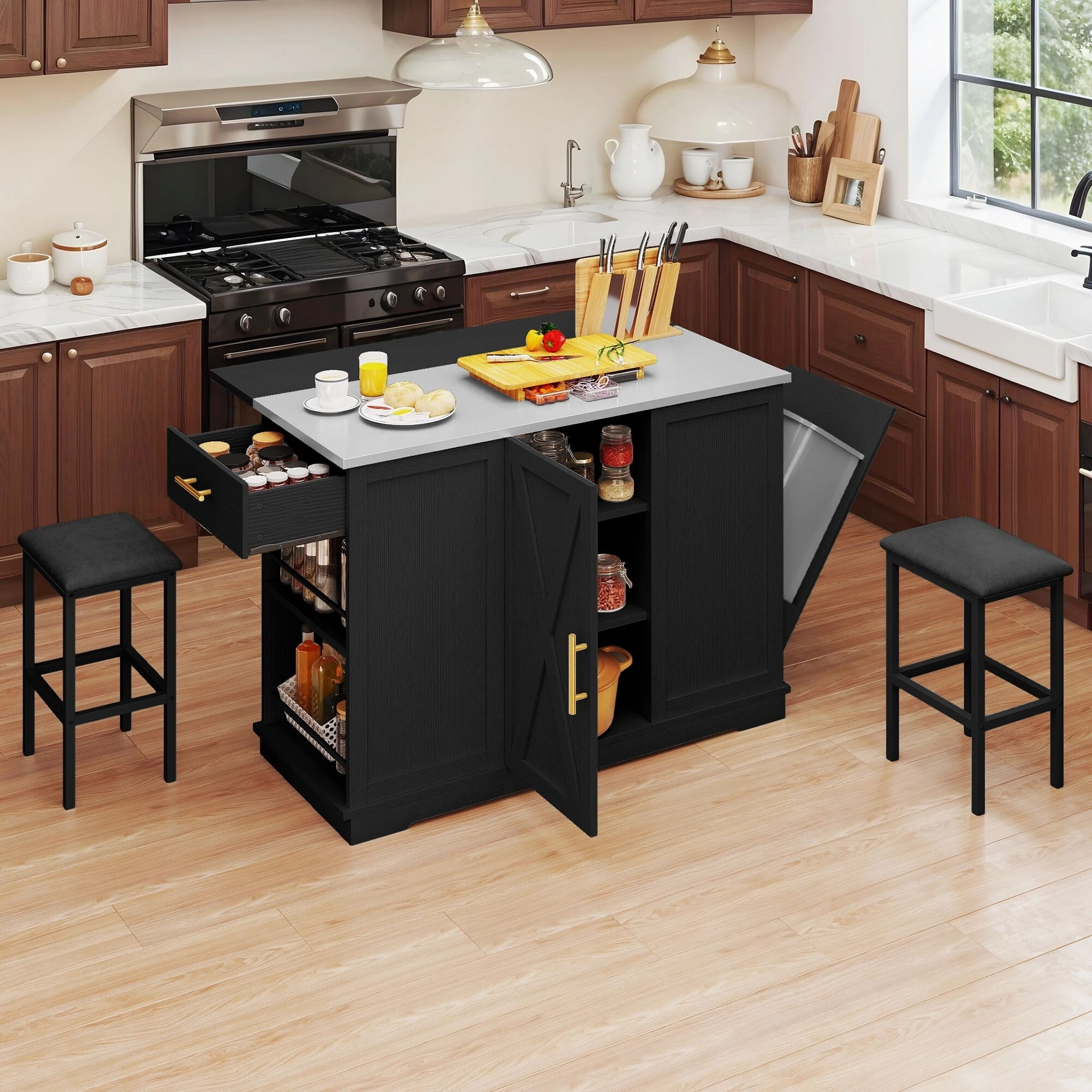Moasis Rolling Kitchen Island with Trash Can Storage Cabinet and 2 Bar Stools