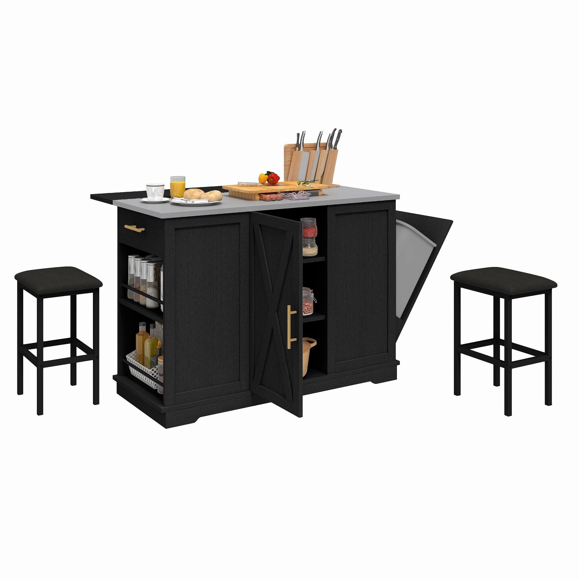 Moasis Rolling Kitchen Island with Trash Can Storage Cabinet and 2 Bar Stools