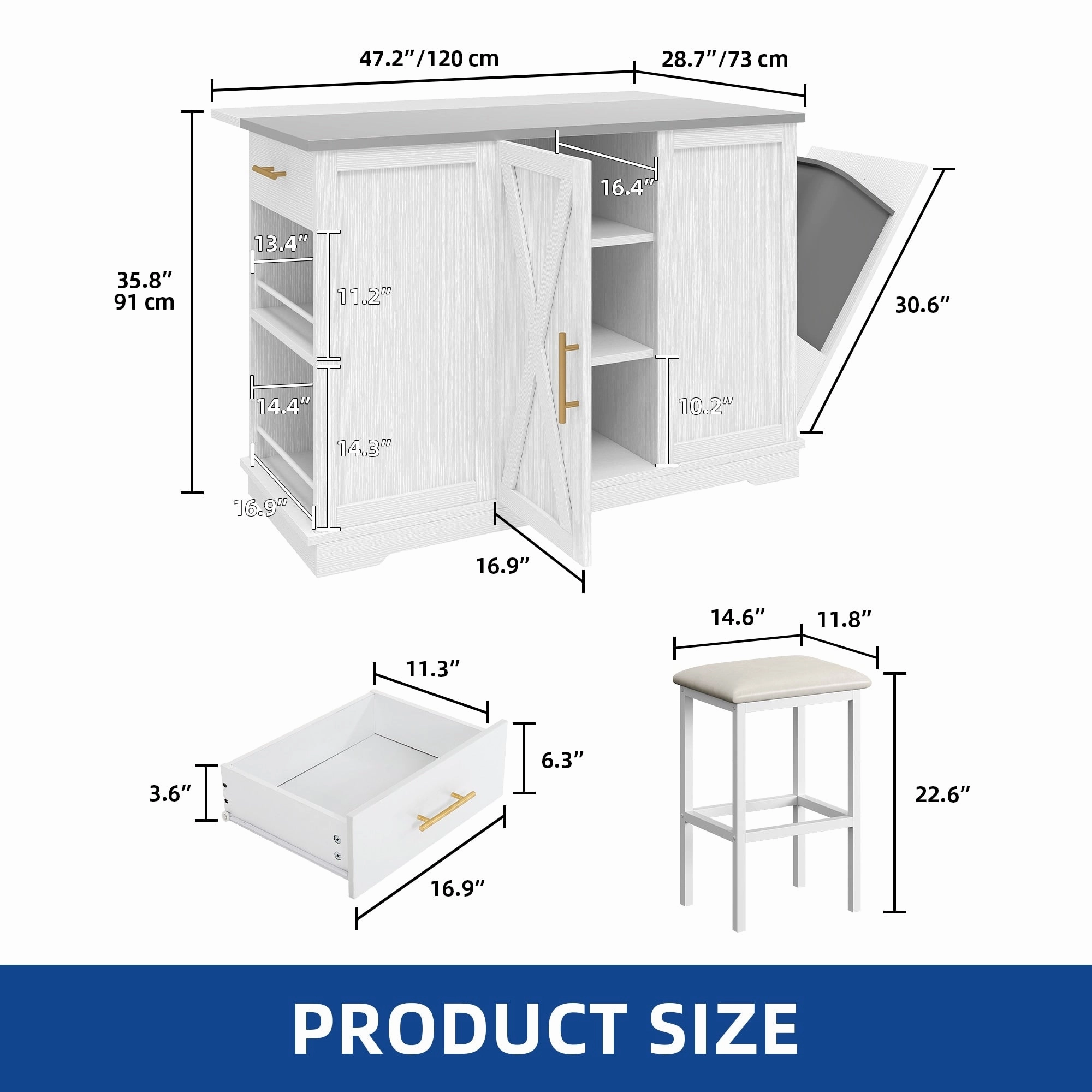 Moasis Rolling Kitchen Island with Trash Can Storage Cabinet and 2 Bar Stools