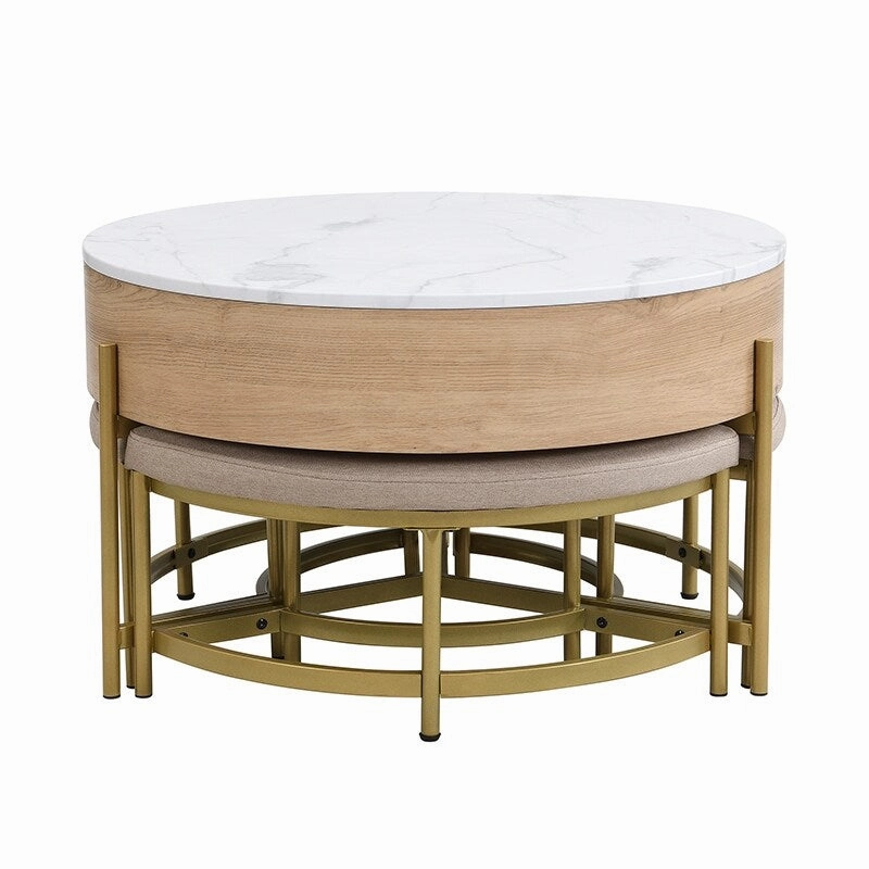 Modern Round Lift-Top Coffee Table with Hidden Storage & 3 Ottomans by Harper&Bright Designs