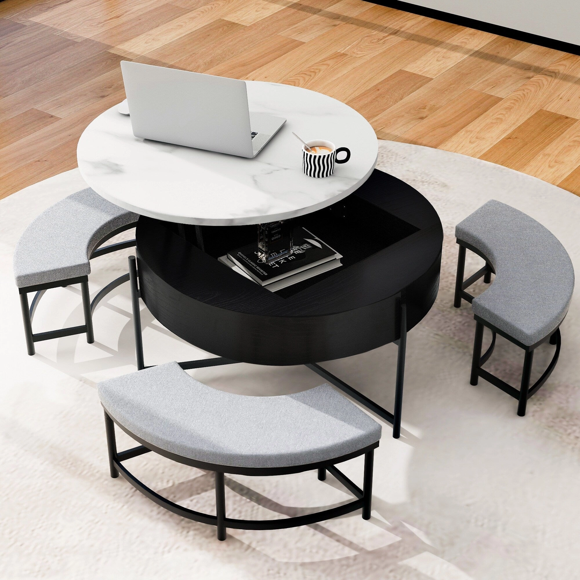 Modern Round Lift-Top Coffee Table with Hidden Storage & 3 Ottomans by Harper&Bright Designs