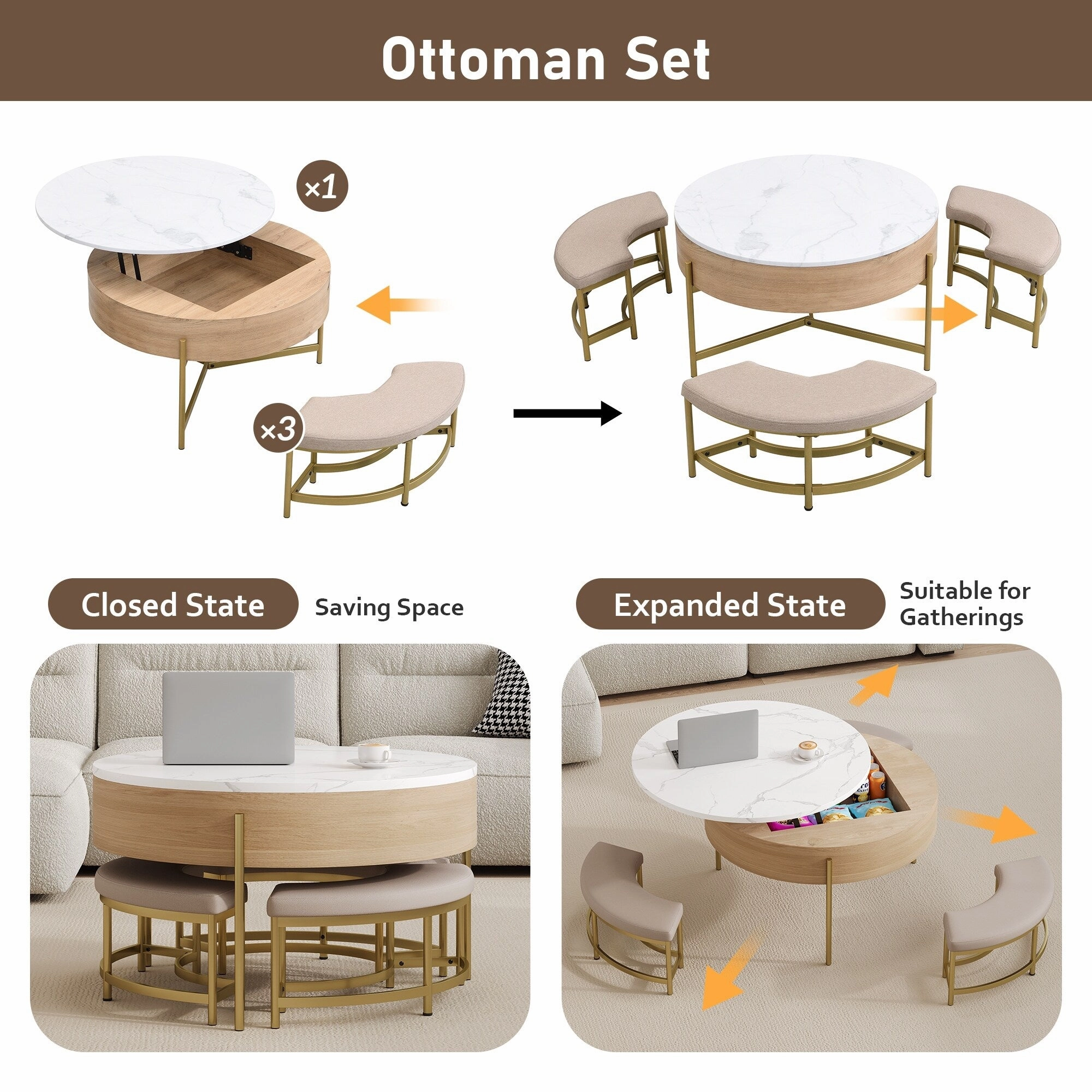 Modern Round Lift-Top Coffee Table with Hidden Storage & 3 Ottomans by Harper&Bright Designs