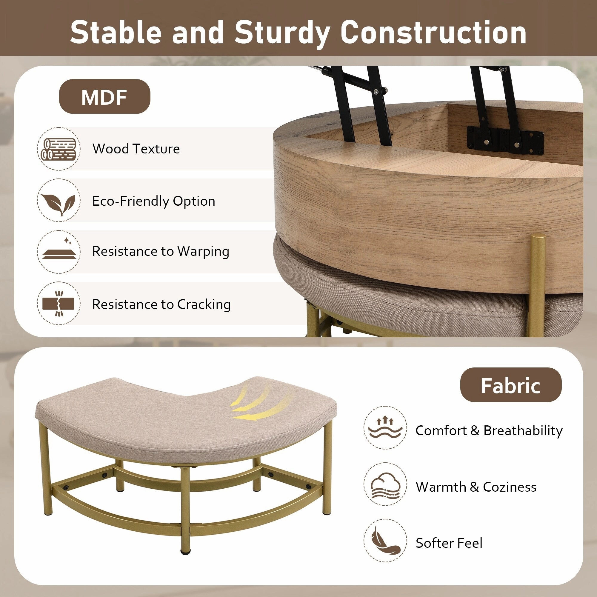 Modern Round Lift-Top Coffee Table with Hidden Storage & 3 Ottomans by Harper&Bright Designs