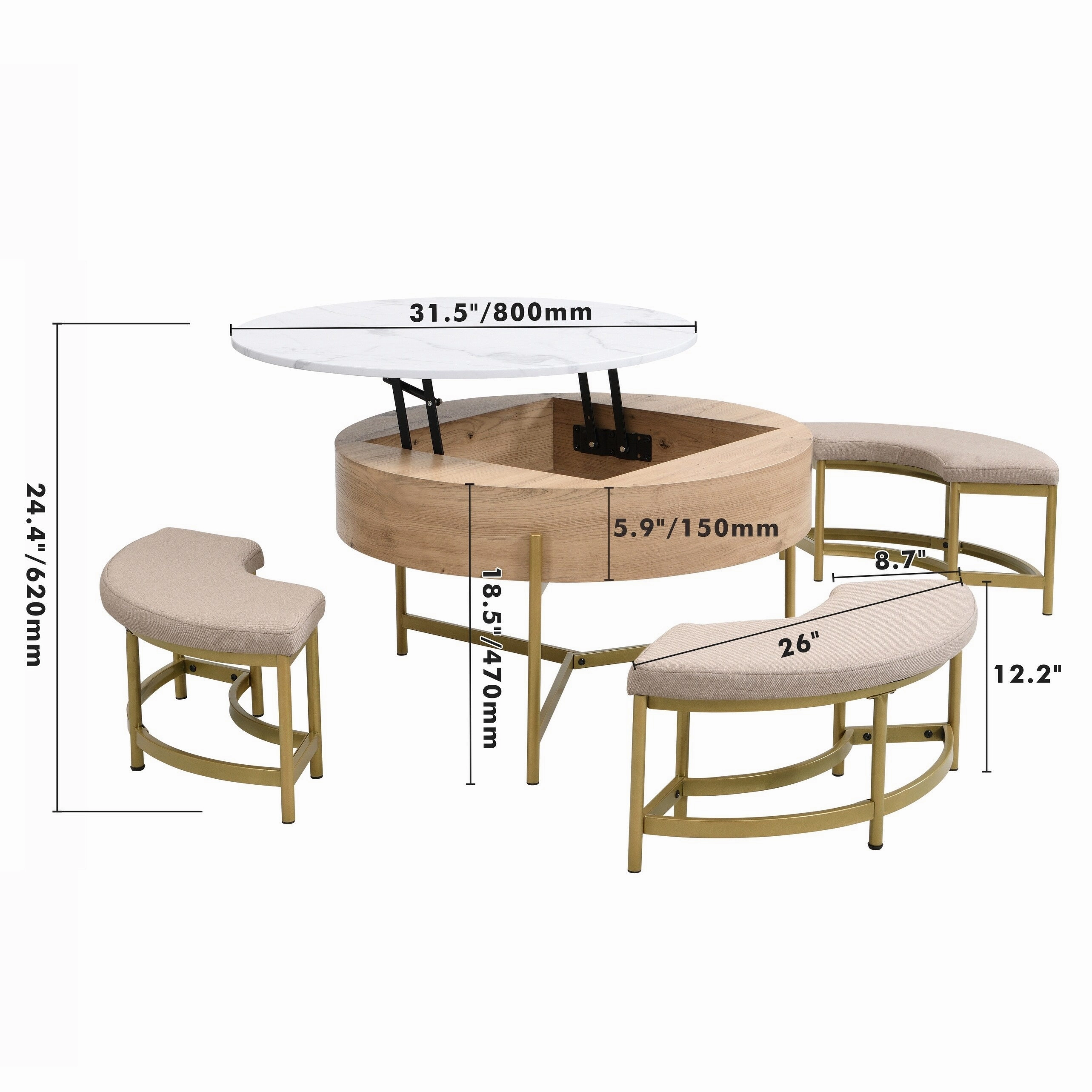 Modern Round Lift-Top Coffee Table with Hidden Storage & 3 Ottomans by Harper&Bright Designs
