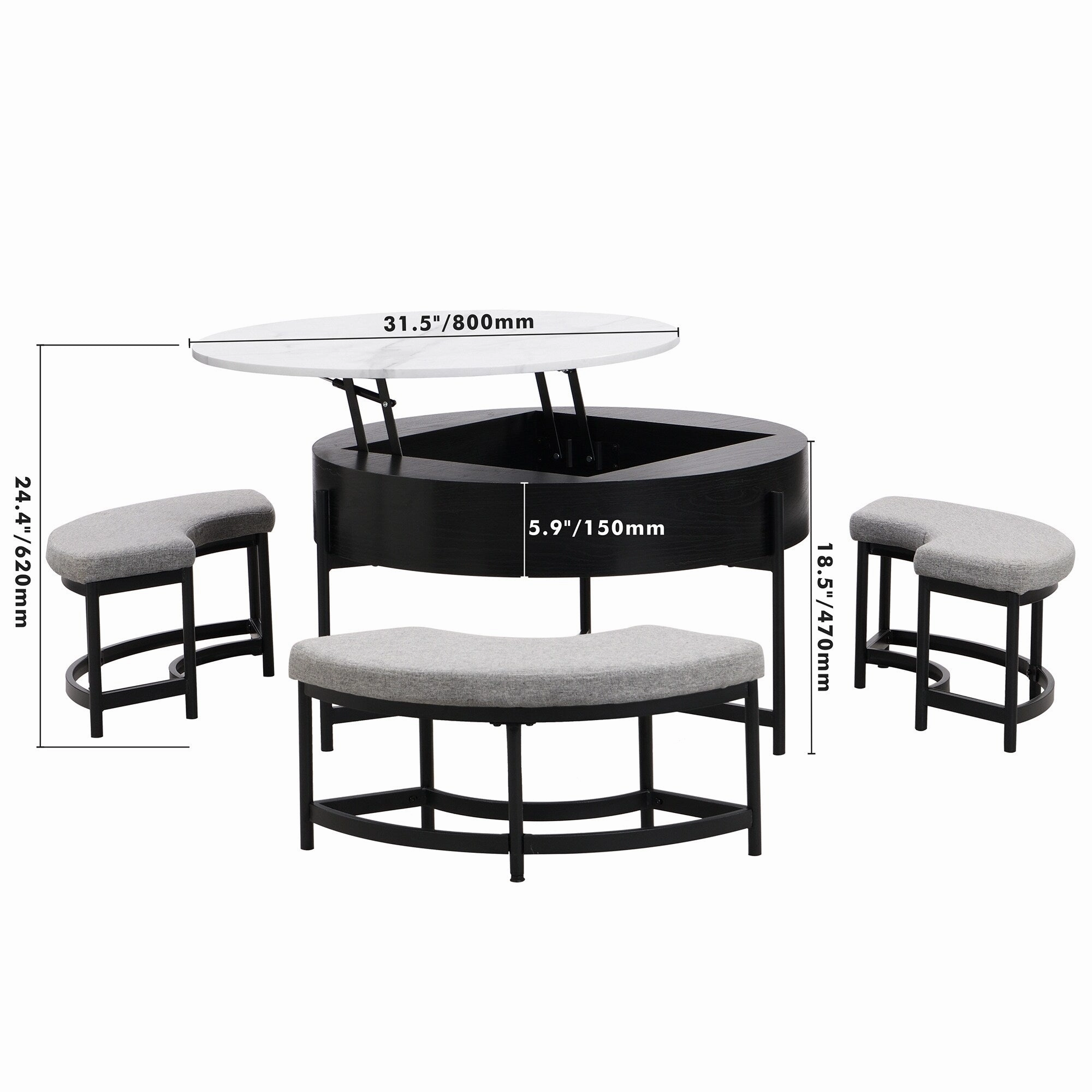 Modern Round Lift-Top Coffee Table with Hidden Storage & 3 Ottomans by Harper&Bright Designs