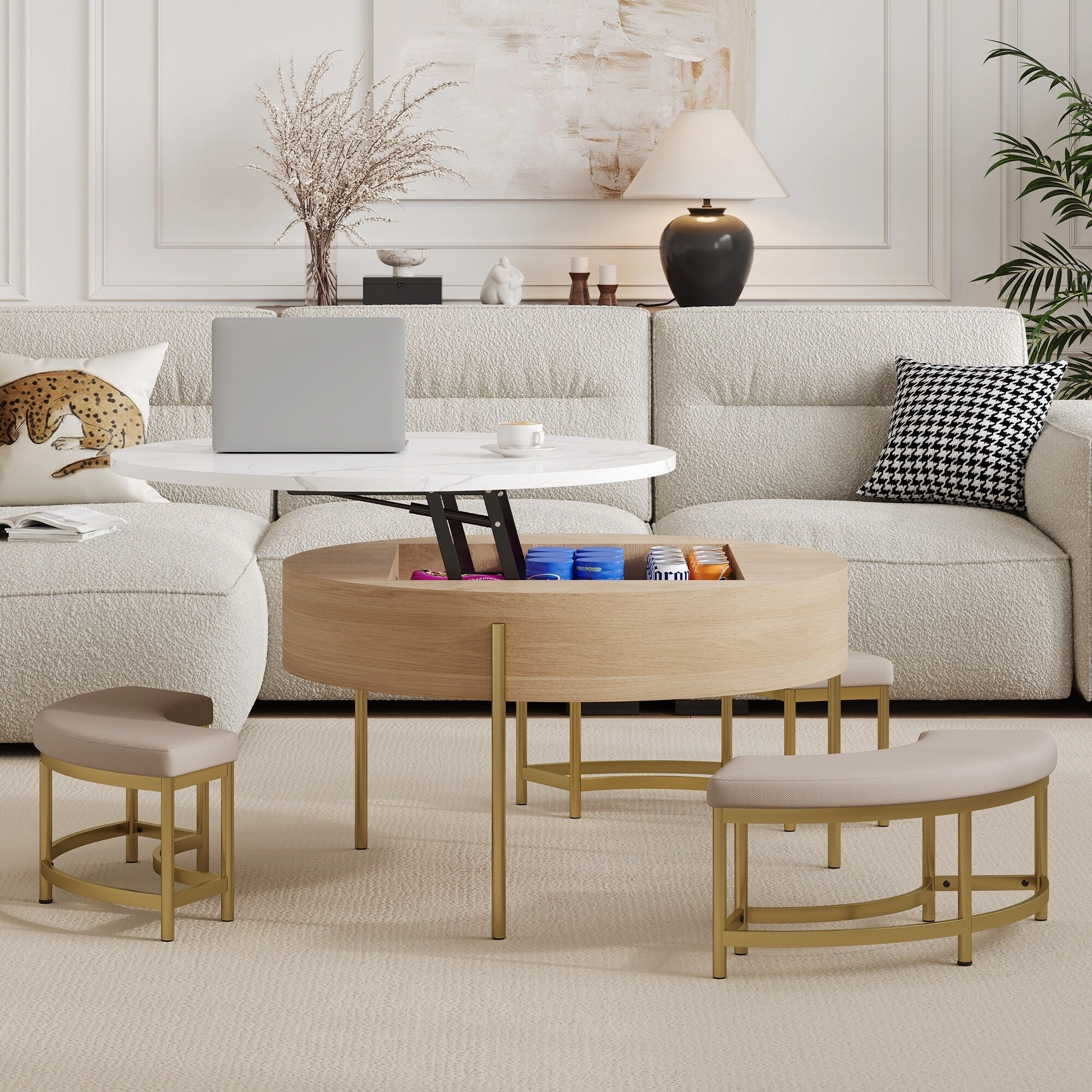 Modern Round Lift-Top Coffee Table with Hidden Storage & 3 Ottomans by Harper&Bright Designs