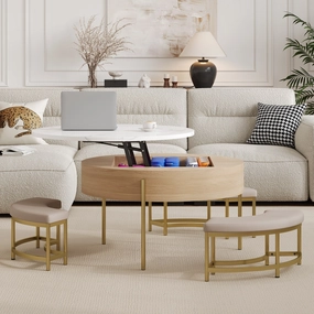 Modern Round Lift-Top Coffee Table with Hidden Storage & 3 Ottomans by Harper&Bright Designs