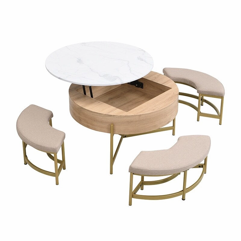 Modern Round Lift-Top Coffee Table with Hidden Storage & 3 Ottomans by Harper&Bright Designs