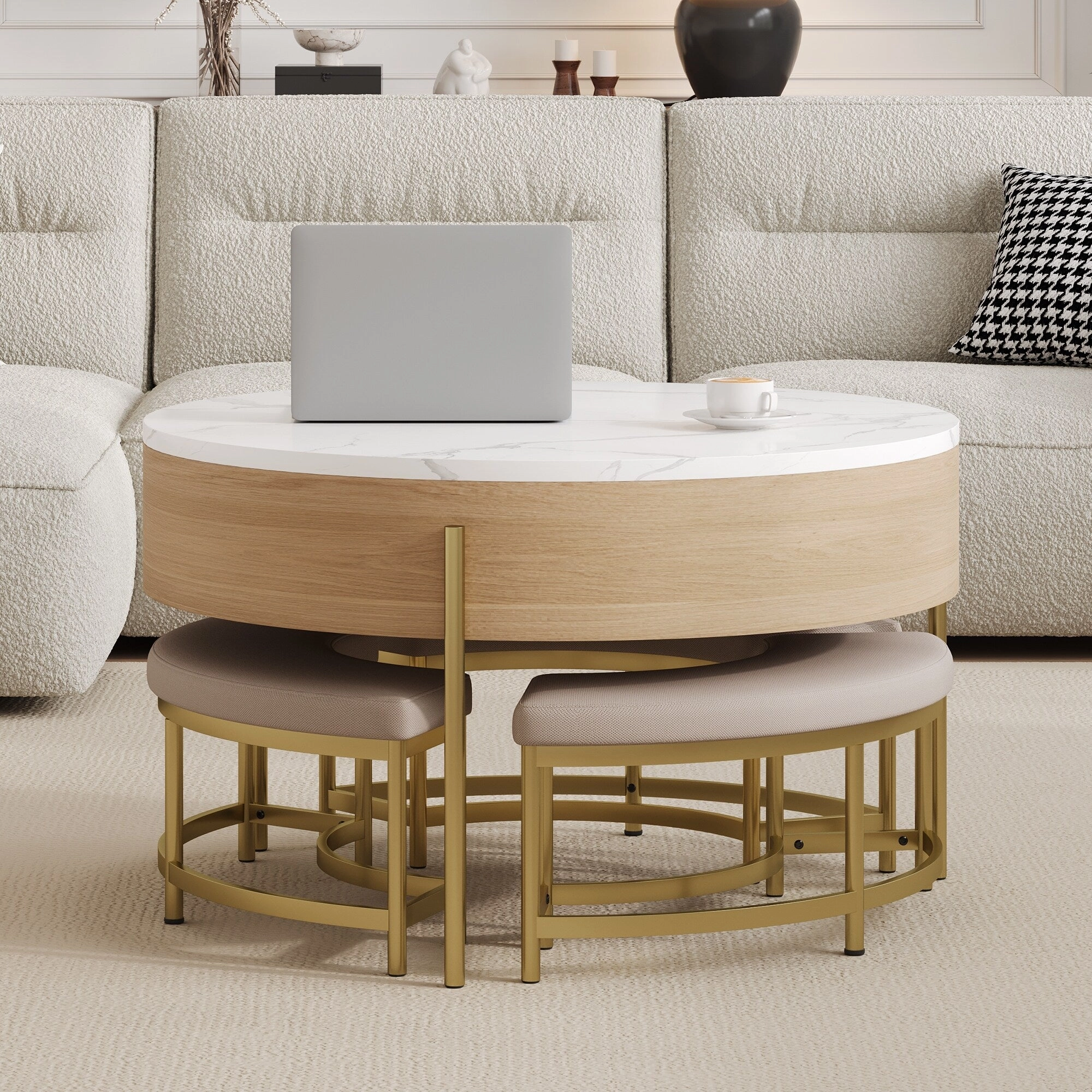 Modern Round Lift-Top Coffee Table with Hidden Storage & 3 Ottomans by Harper&Bright Designs
