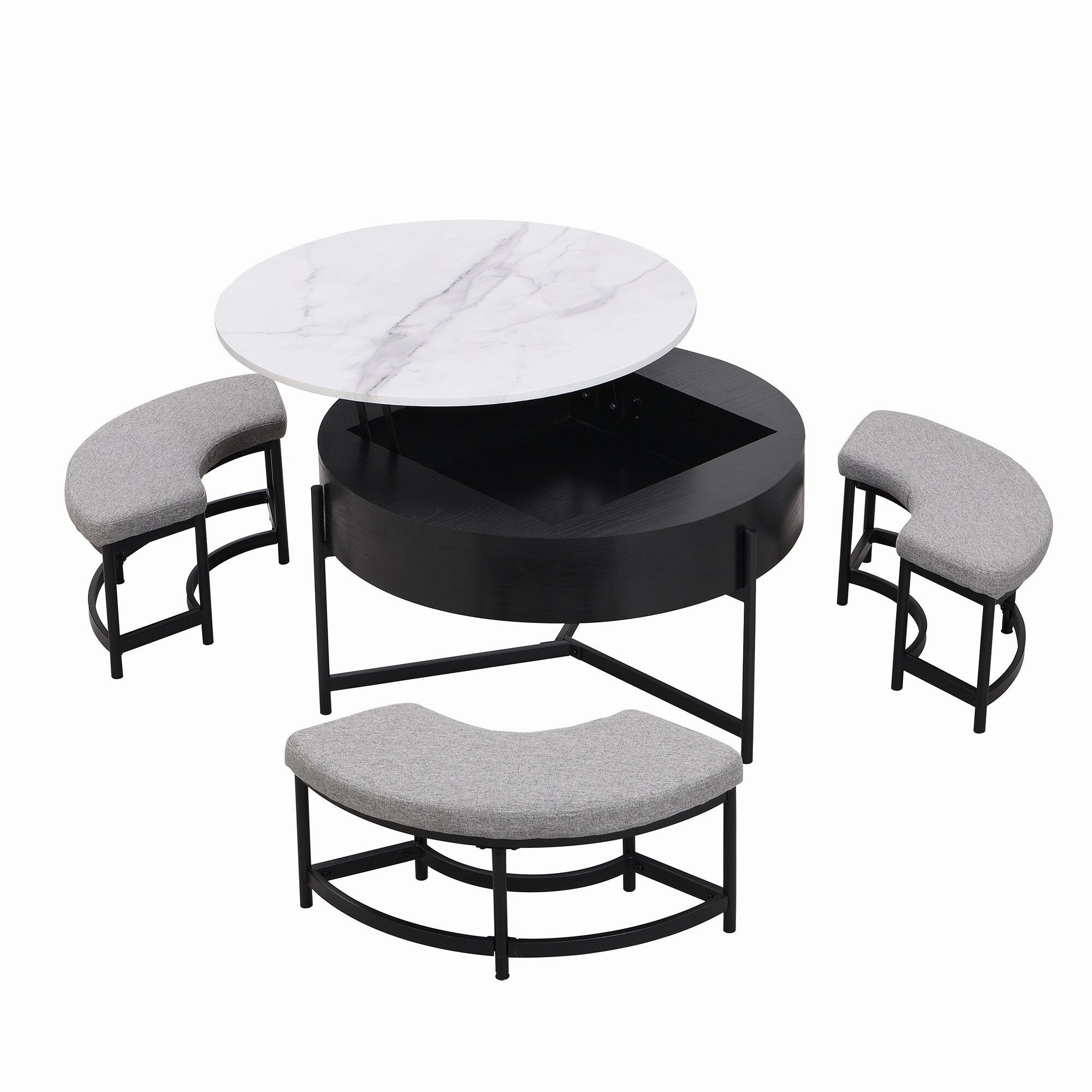 Modern Round Lift-Top Coffee Table with Hidden Storage & 3 Ottomans by Harper&Bright Designs