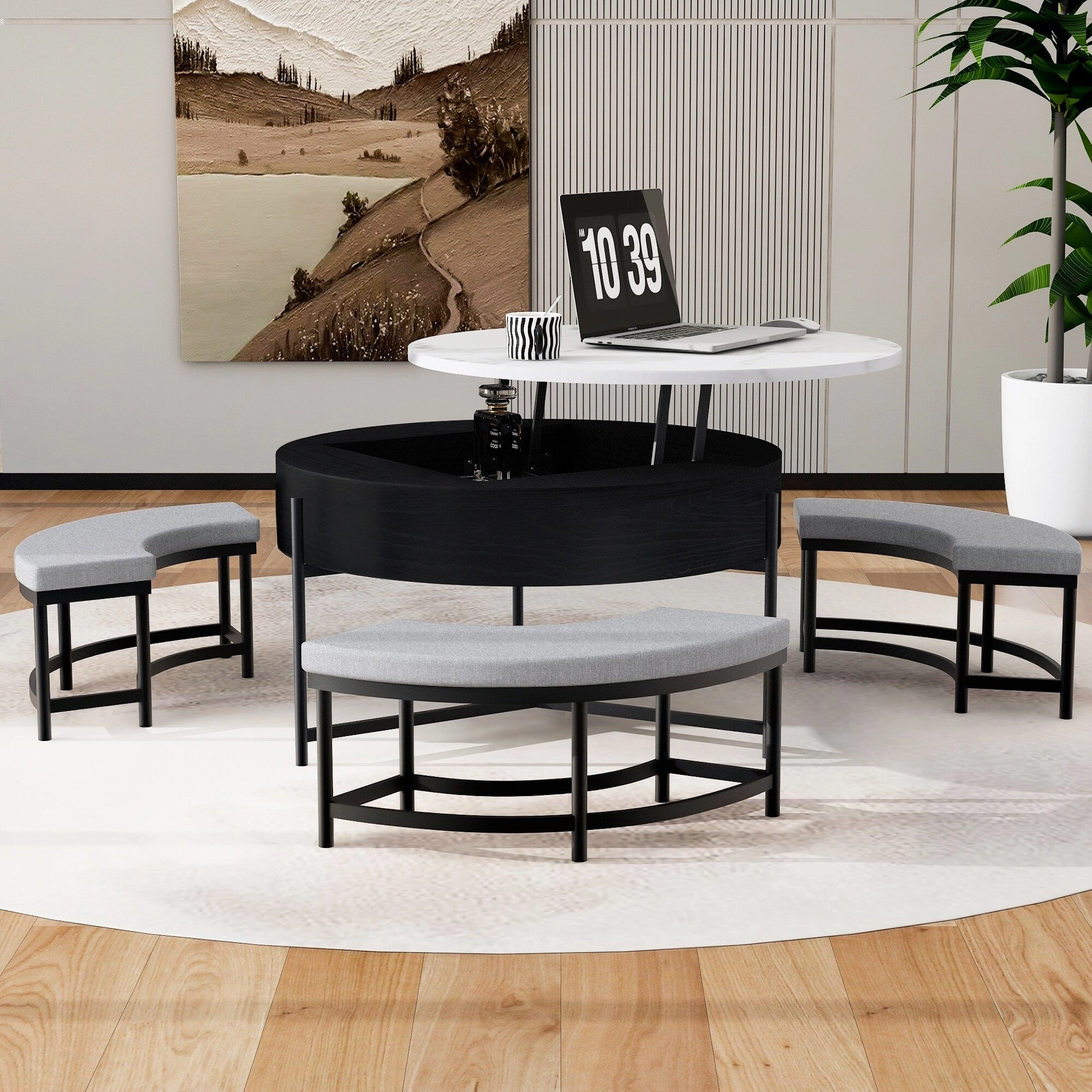 Modern Round Lift-Top Coffee Table with Hidden Storage & 3 Ottomans by Harper&Bright Designs