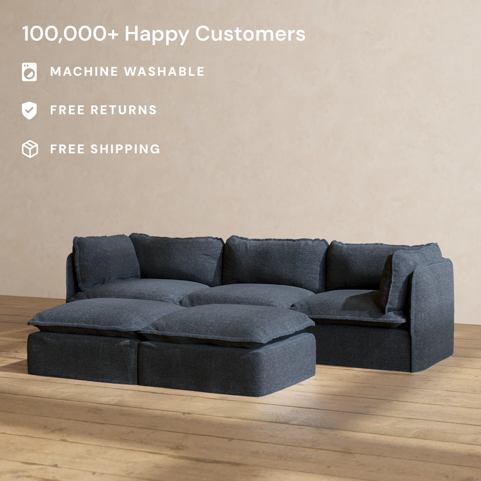 Modular Performance 3-Seater   Bench Ottoman in Indigo | Deluxe Blend