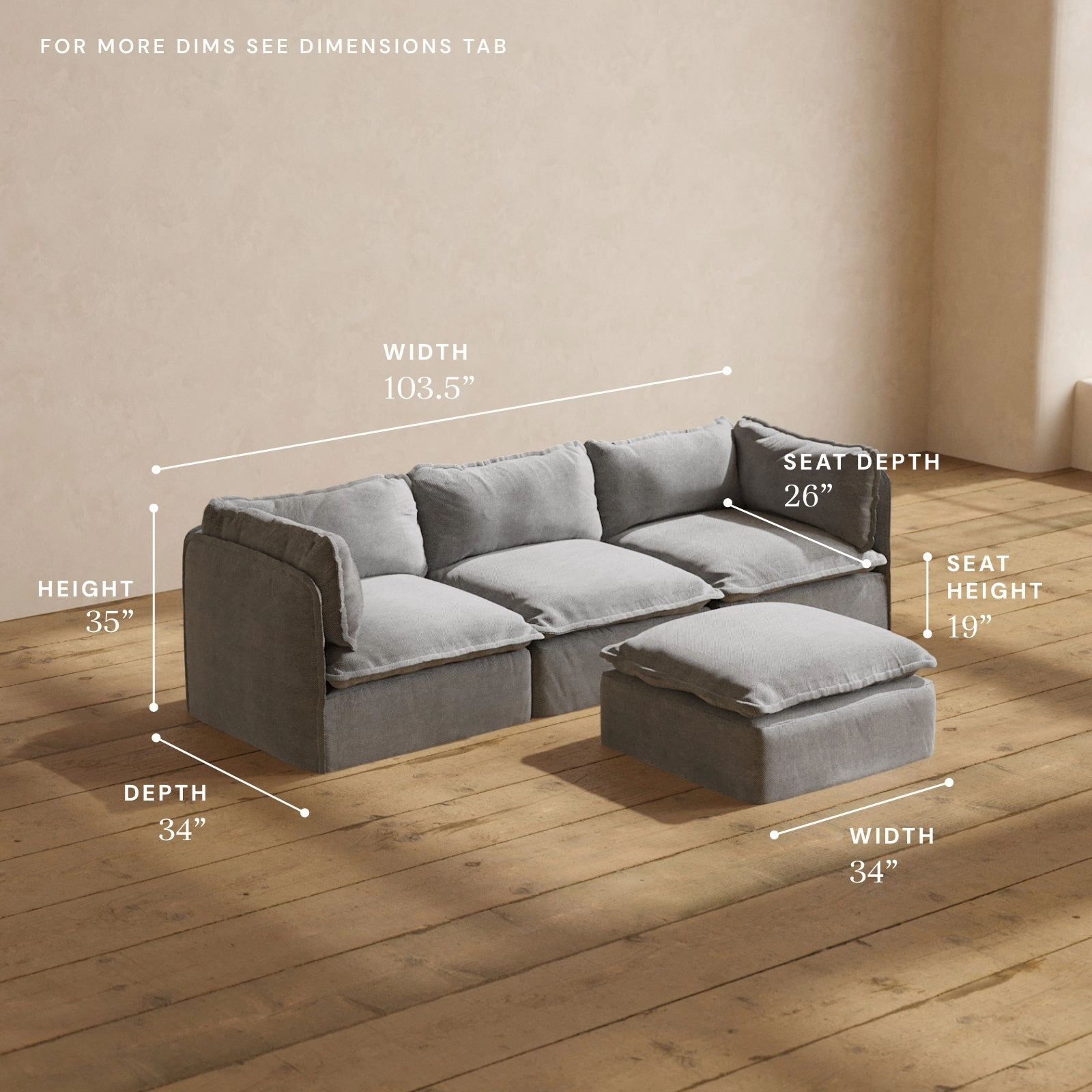 Modular Performance 3-Seater   Ottoman in Ash | Relaxed Blend