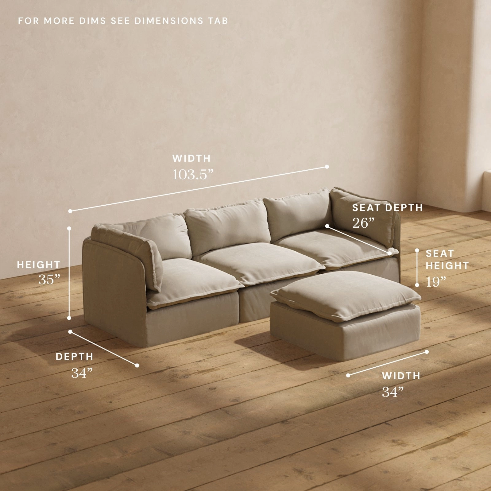 Modular Performance 3-Seater   Ottoman in Dune | Relaxed Blend