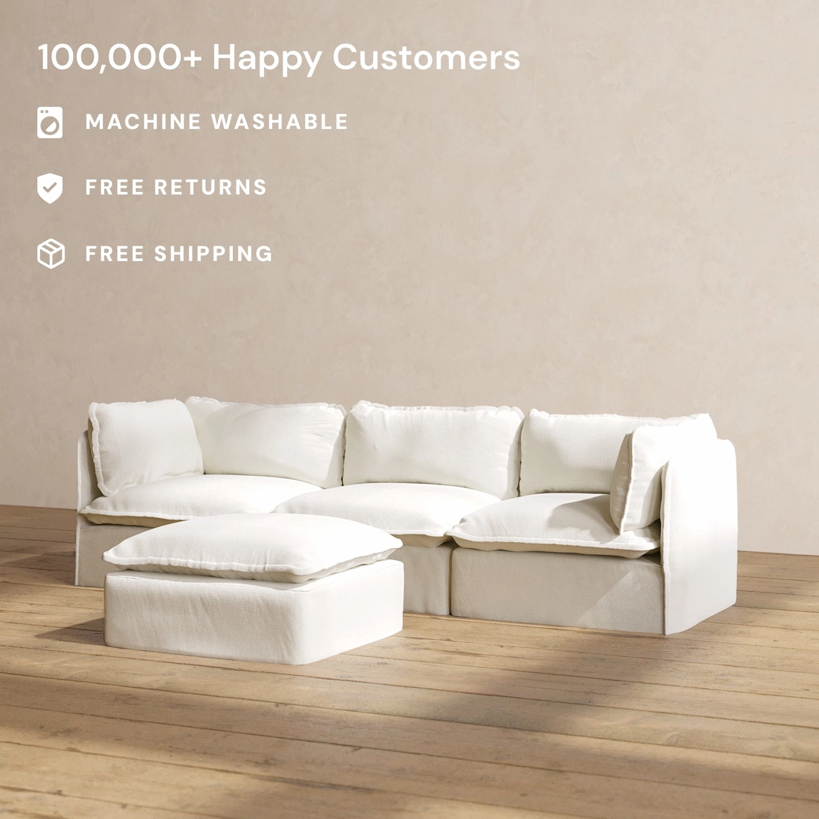 Modular Performance 3-Seater   Ottoman in Eggshell | Relaxed Blend