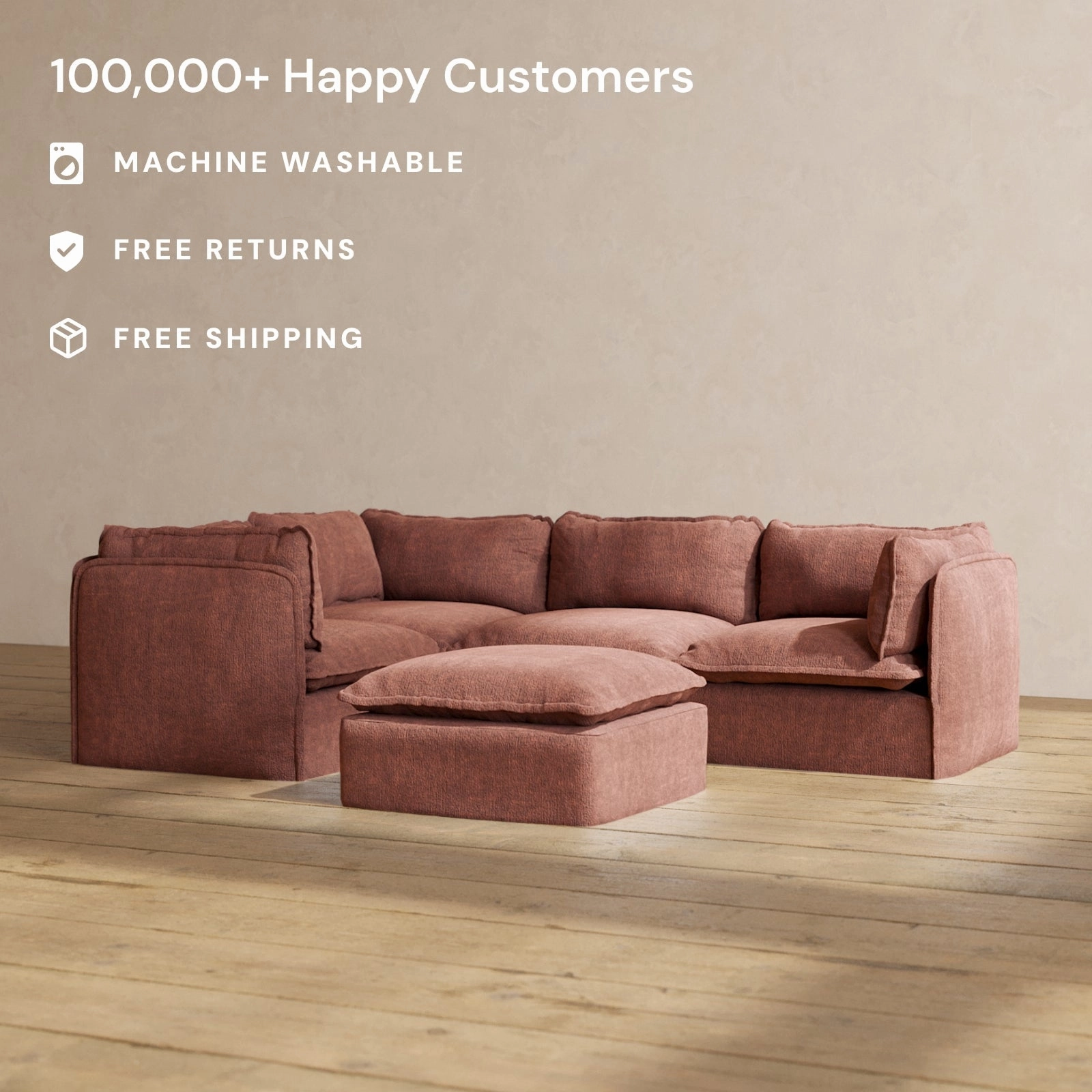 Modular Performance 4-Seater Corner Sectional   Ottoman in Chestnut | Relaxed Blend