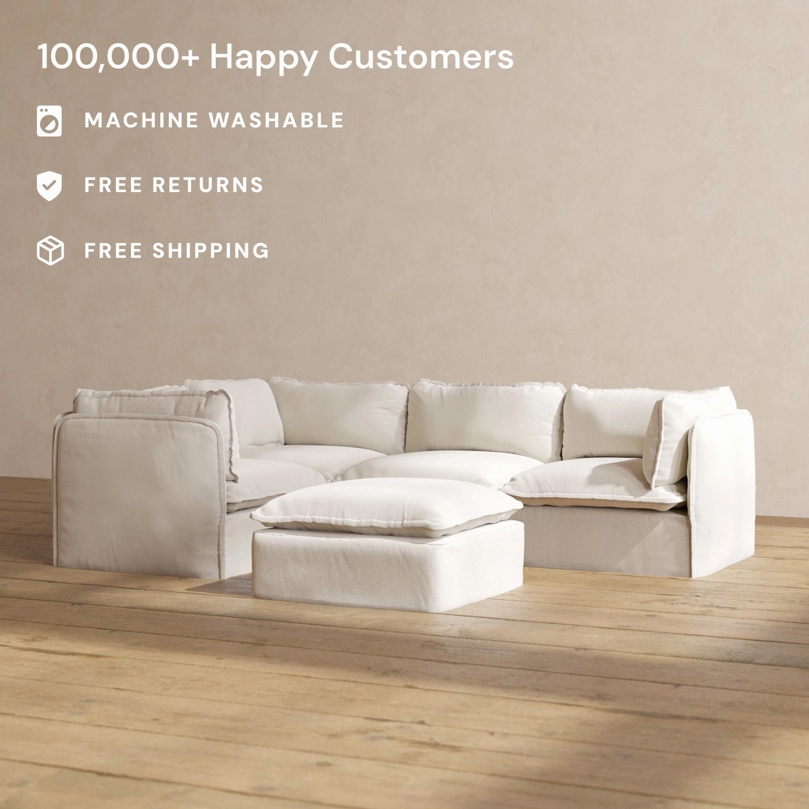Modular Performance 4-Seater Corner Sectional   Ottoman in Flour | Relaxed Blend