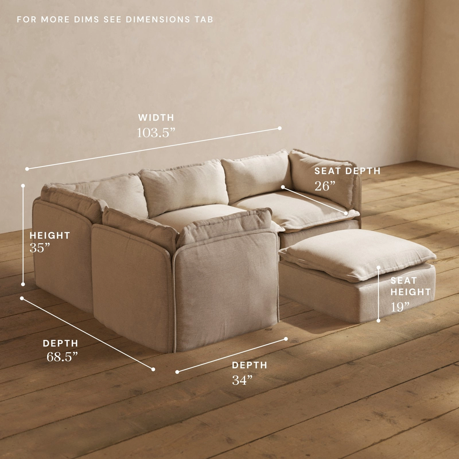 Modular Performance 4-Seater Corner Sectional   Ottoman in Oat | Relaxed Blend