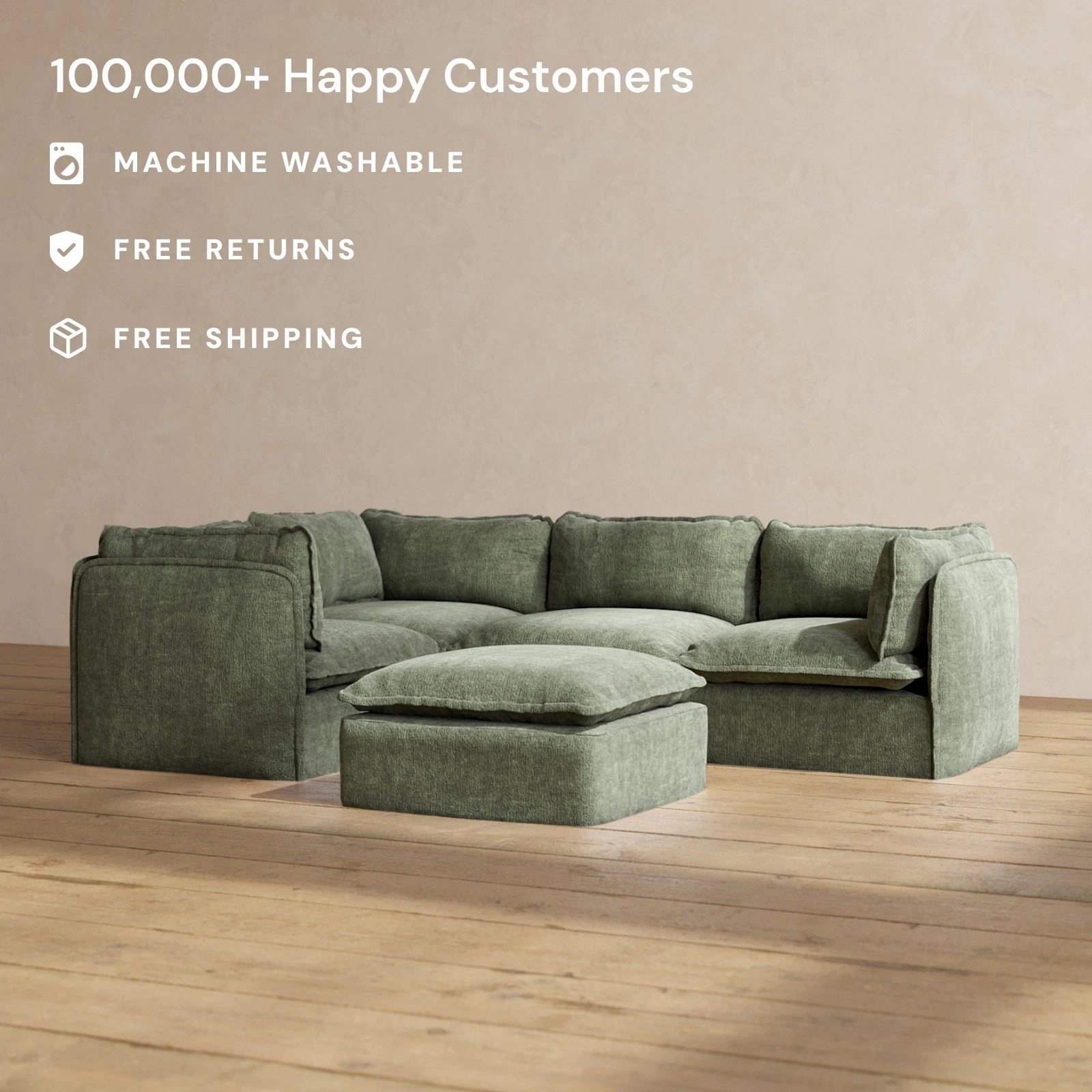 Modular Performance 4-Seater Corner Sectional   Ottoman in Willow | Relaxed Blend