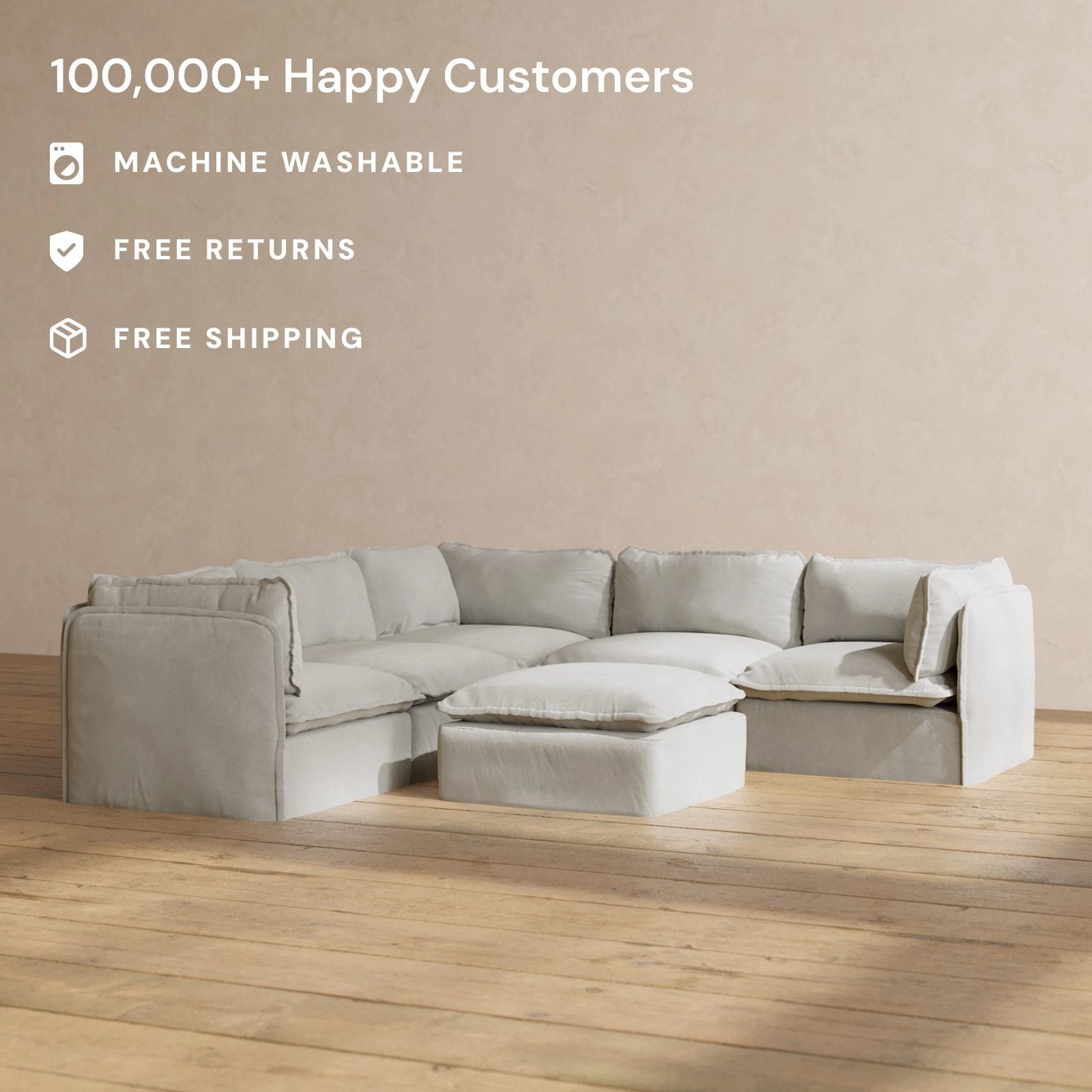Modular Performance 5-Seater Corner Sectional   Ottoman in Cloud | Deluxe Blend