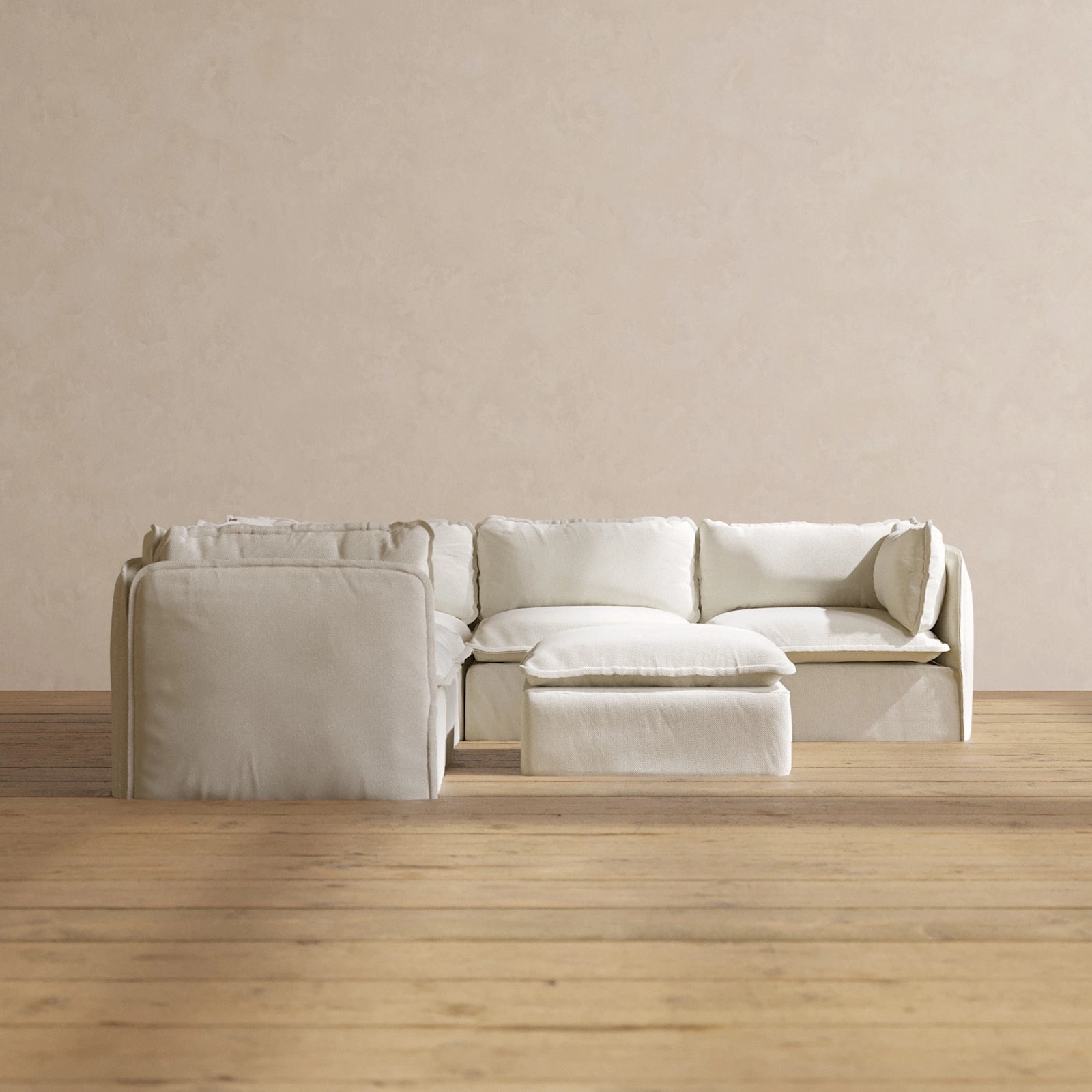 Modular Performance 5-Seater Corner Sectional   Ottoman in Eggshell | Relaxed Blend