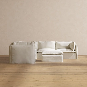 Modular Performance 5-Seater Corner Sectional   Ottoman in Eggshell | Relaxed Blend