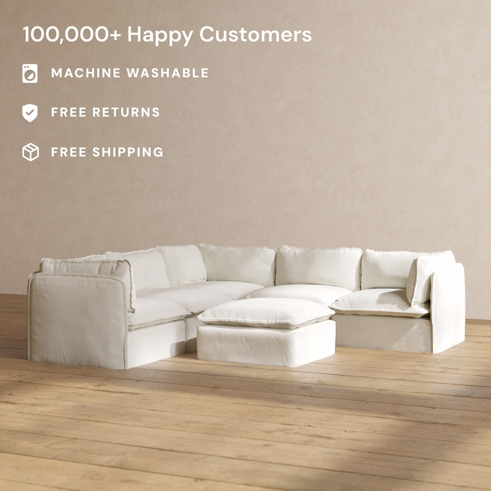 Modular Performance 5-Seater Corner Sectional   Ottoman in Eggshell | Relaxed Blend