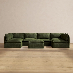 Modular Performance 6-Seater Open-Ends U-Sectional   Ottoman in Olive | Relaxed Blend