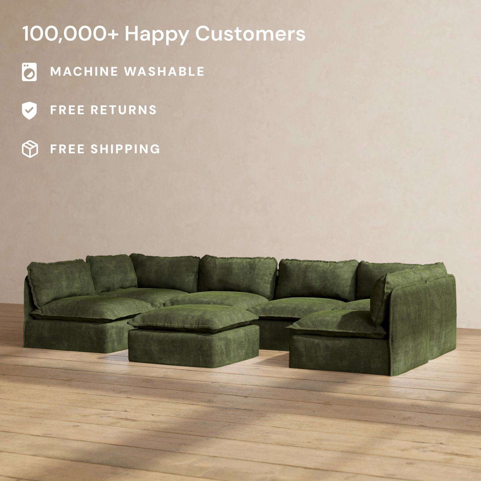 Modular Performance 6-Seater Open-Ends U-Sectional   Ottoman in Olive | Relaxed Blend