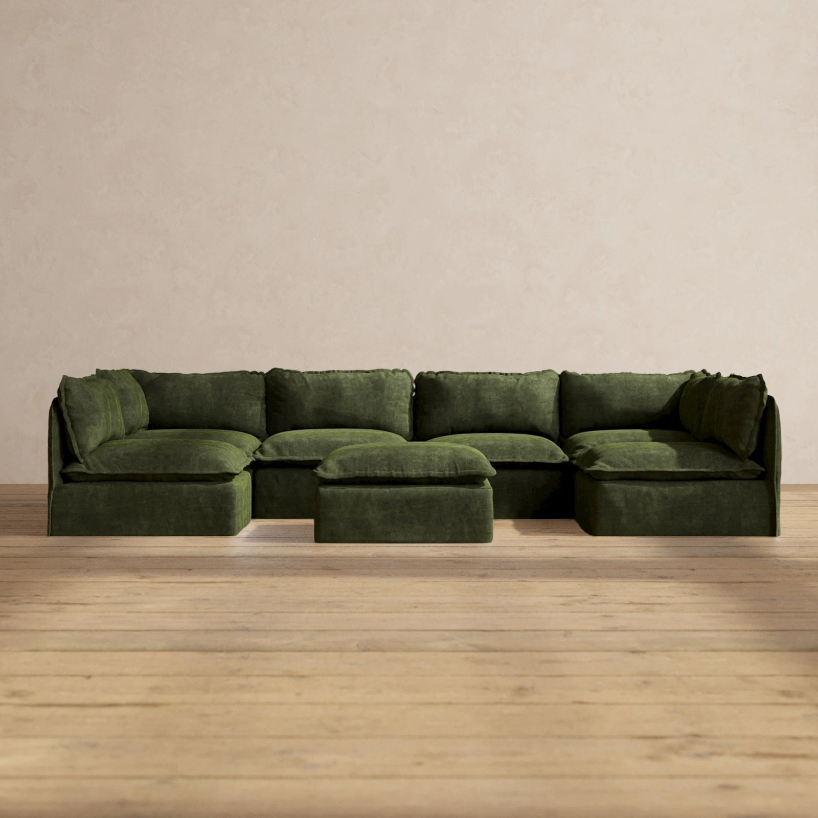 Modular Performance 6-Seater Open-Ends U-Sectional   Ottoman in Olive | Relaxed Blend