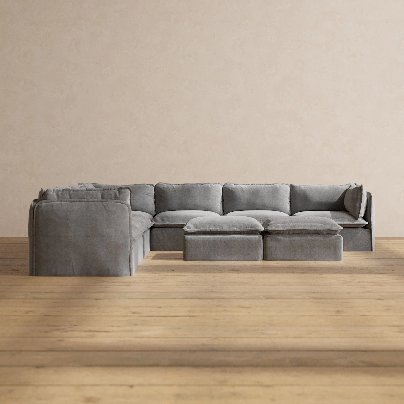 Modular Performance 7-Seater Corner Sectional   Bench Ottoman in Ash | Deluxe Blend