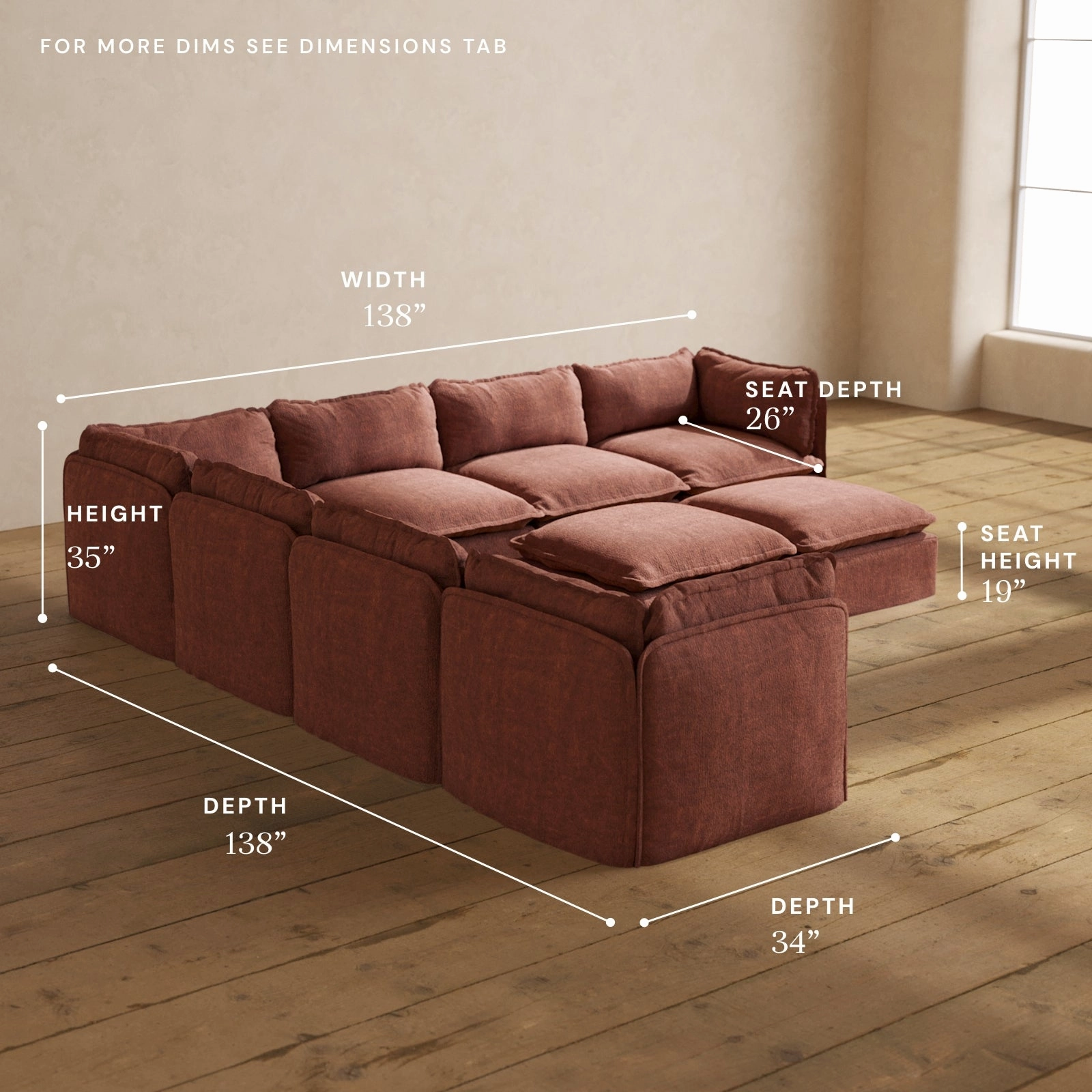 Modular Performance 7-Seater Corner Sectional   Bench Ottoman in Chestnut | Deluxe Blend