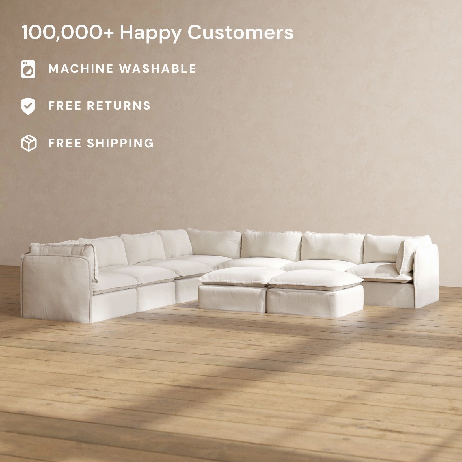 Modular Performance 7-Seater Corner Sectional   Bench Ottoman in Flour | Deluxe Blend