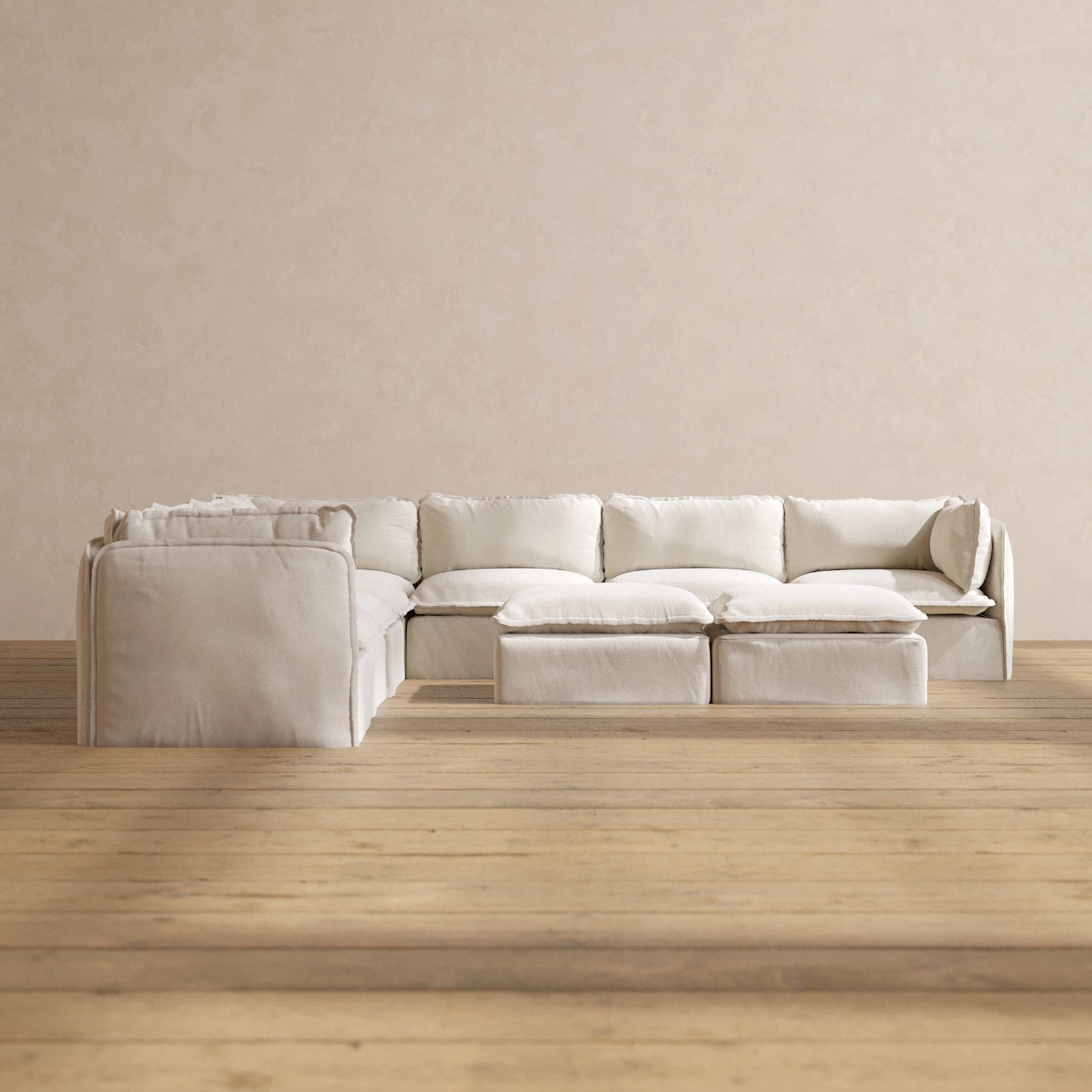 Modular Performance 7-Seater Corner Sectional   Bench Ottoman in Flour | Deluxe Blend