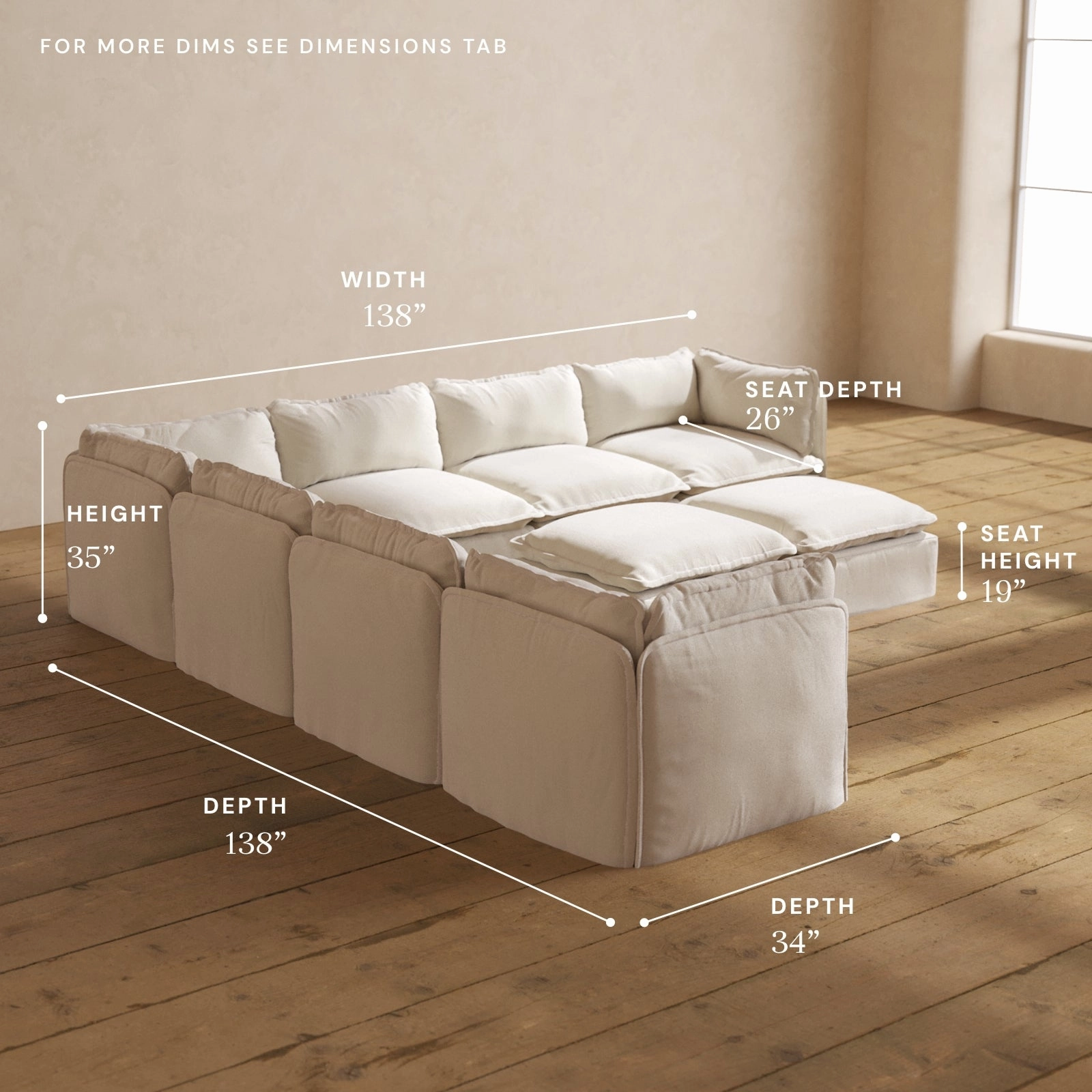 Modular Performance 7-Seater Corner Sectional   Bench Ottoman in Flour | Deluxe Blend