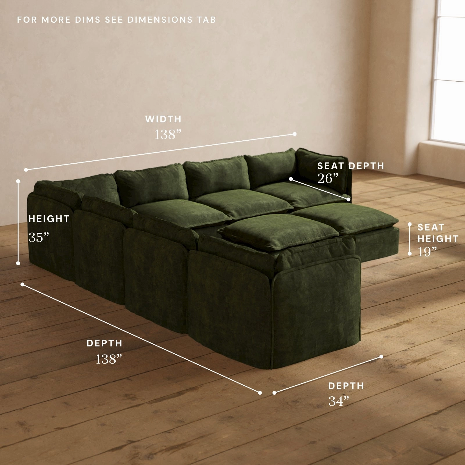 Modular Performance 7-Seater Corner Sectional   Bench Ottoman in Olive | Relaxed Blend