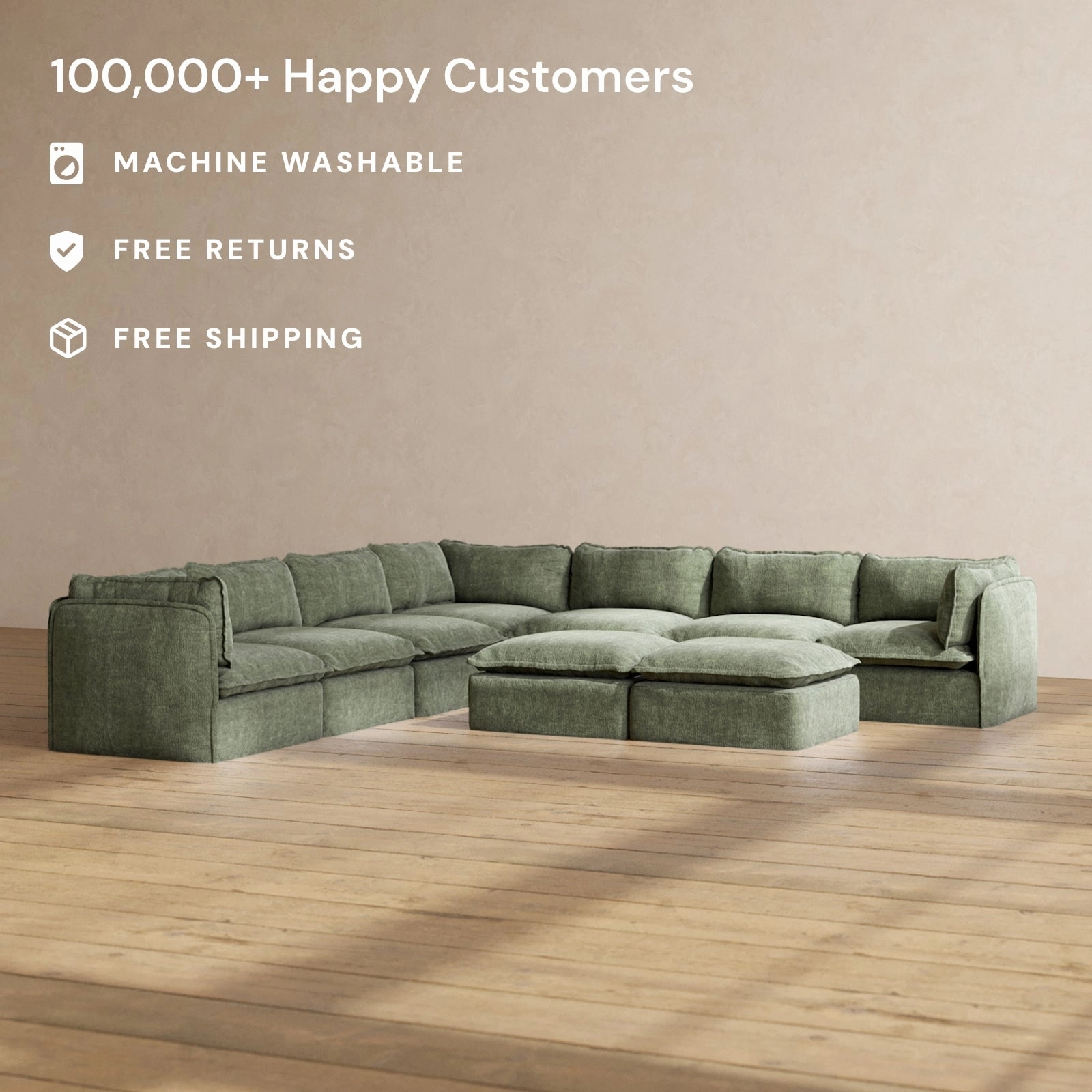 Modular Performance 7-Seater Corner Sectional   Bench Ottoman in Willow | Deluxe Blend