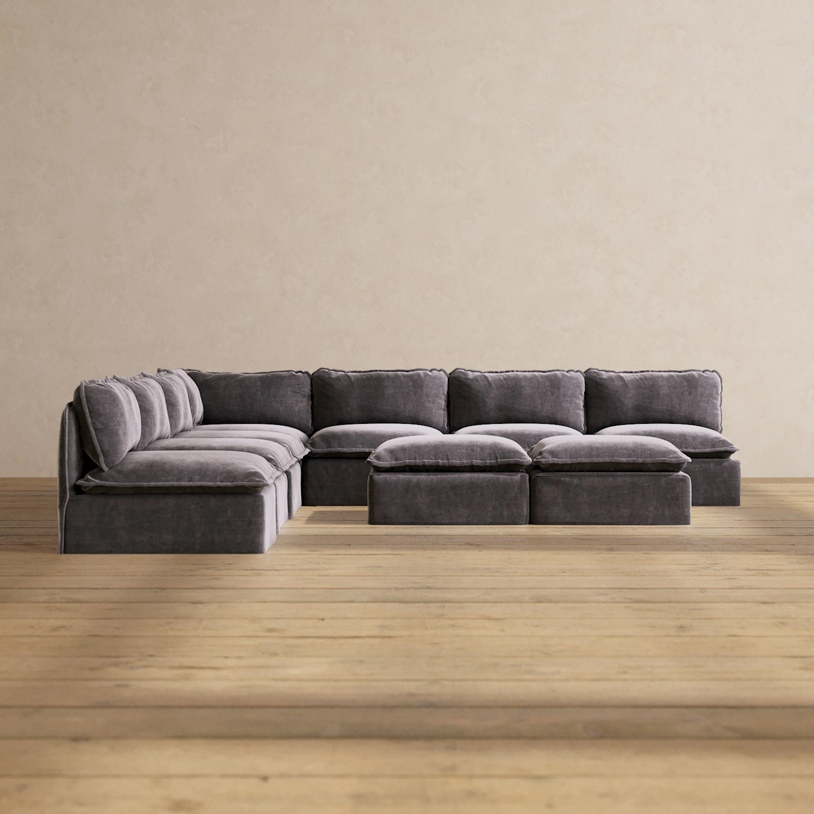 Modular Performance 7-Seater Open-Ends Corner Sectional   Bench Ottoman in Cinder | Deluxe Blend