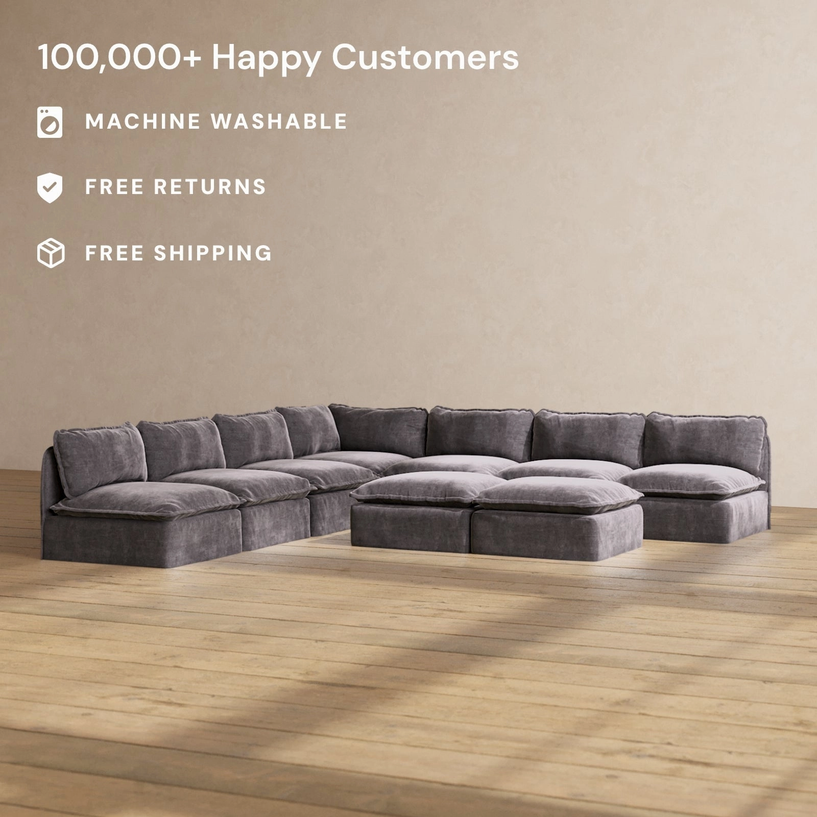 Modular Performance 7-Seater Open-Ends Corner Sectional   Bench Ottoman in Cinder | Deluxe Blend