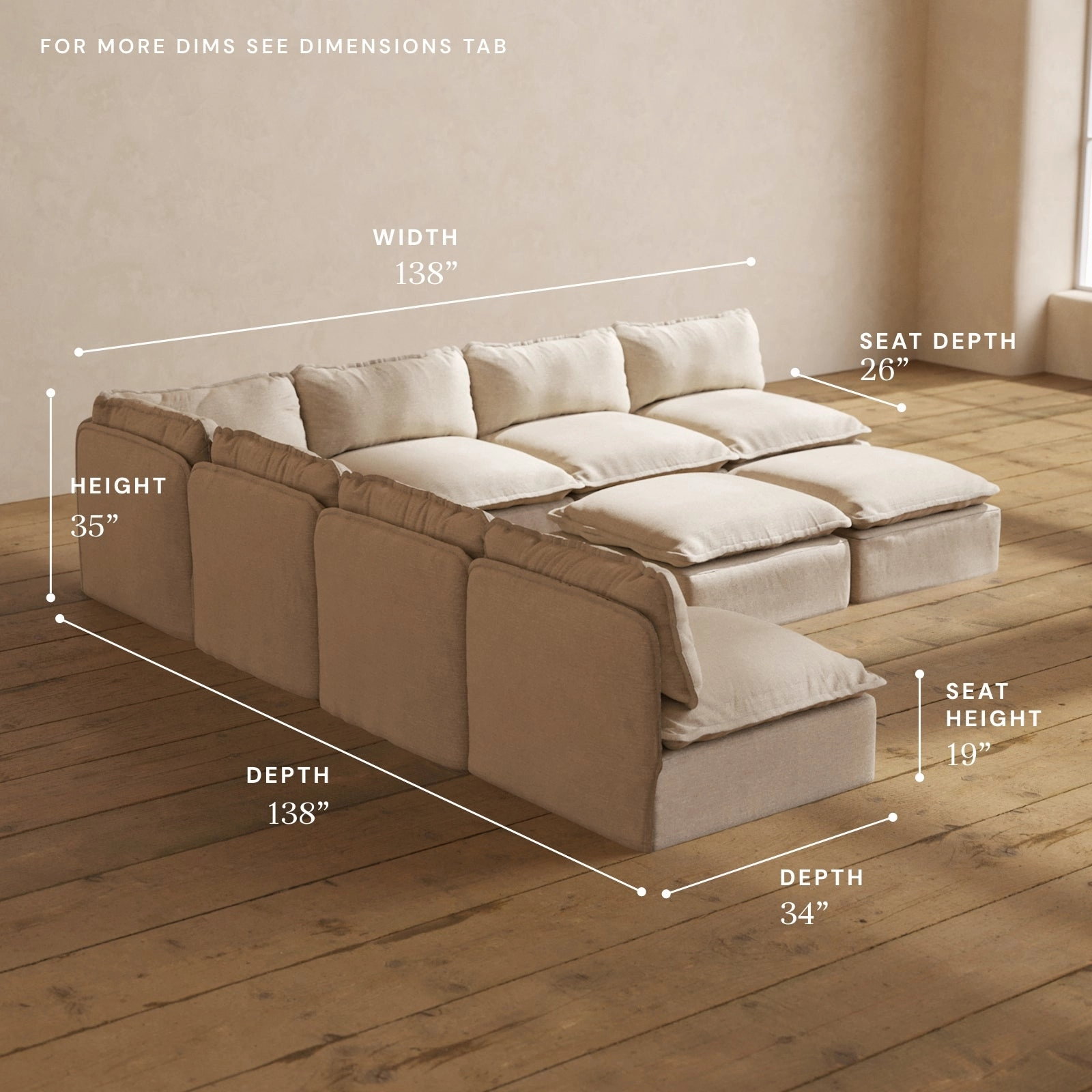 Modular Performance 7-Seater Open-Ends Corner Sectional   Bench Ottoman in Oat | Deluxe Blend